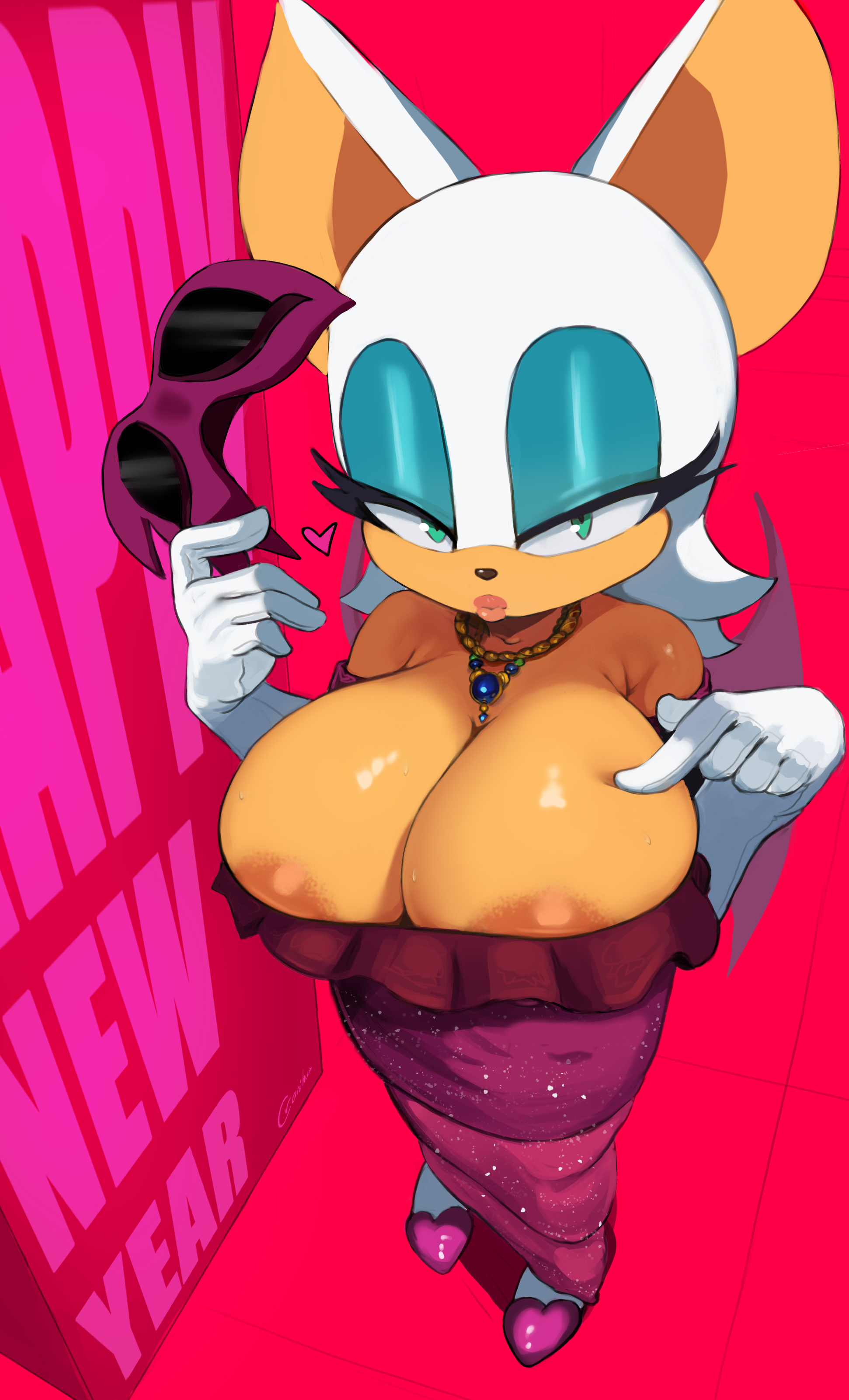 about to burst, anthro, bat, big breasts, breasts too big, bursting breasts, cleavage, cranihum, furry, imminent wardrobe malfunction, inconvenient breasts, lips, new year, nipple bulge, nipple slip, oppai, rouge the bat, sega, shortstack, sonic (series), sonic the hedgehog (series), tagme, tight dress, tight fit, too tight, undersized clothes, undersized clothing