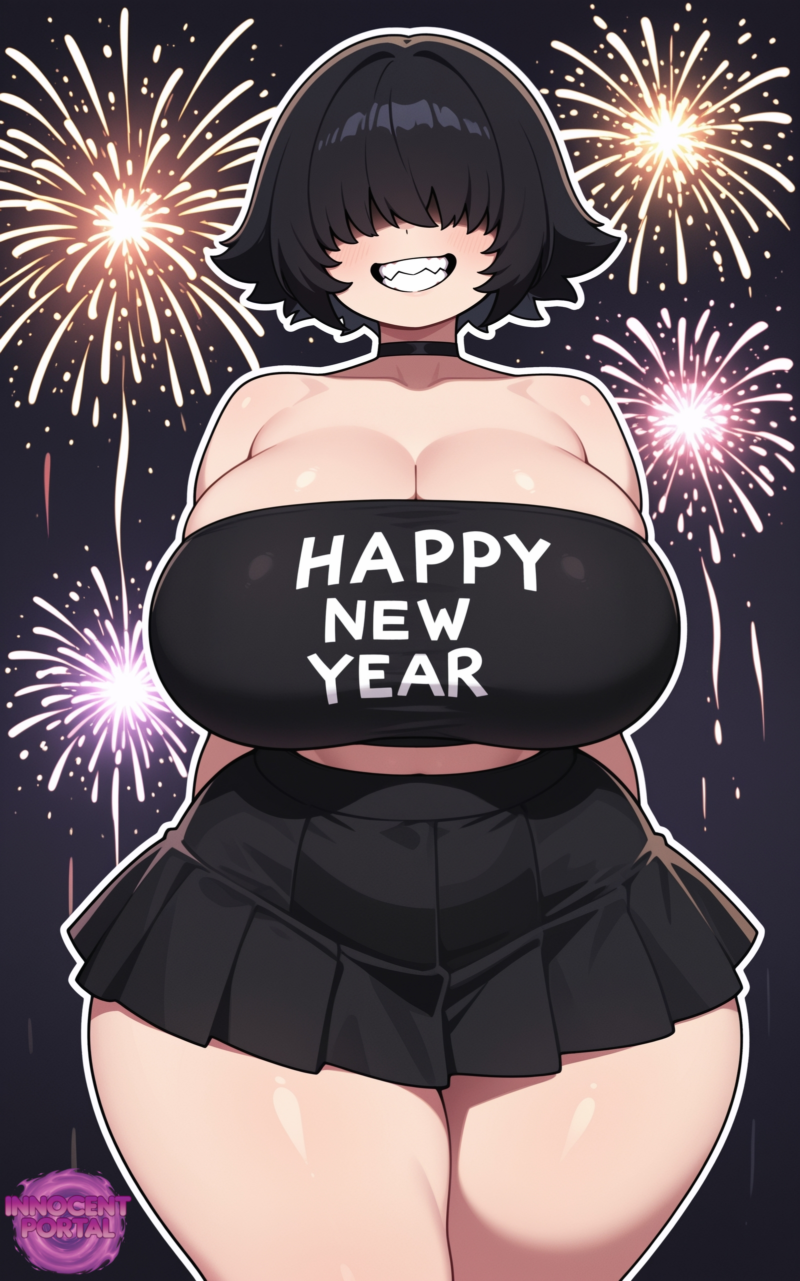 ai generated, black clothing, black hair, black skirt, black tube top, busty, busty female, child bearing hips, choker, cleavage, female, female focus, female only, fireworks, goth, goth girl, gothic, gothic girl, hair covering eyes, hair over eyes, happy new year, happy new year 2026, huge breasts, jorgecarlosai, new year, new year 2026, sexy, skirt, smile, standing, teeth, thick, thick hips, thick legs, thick thighs, tube top, tubetop, watermark, wide hips