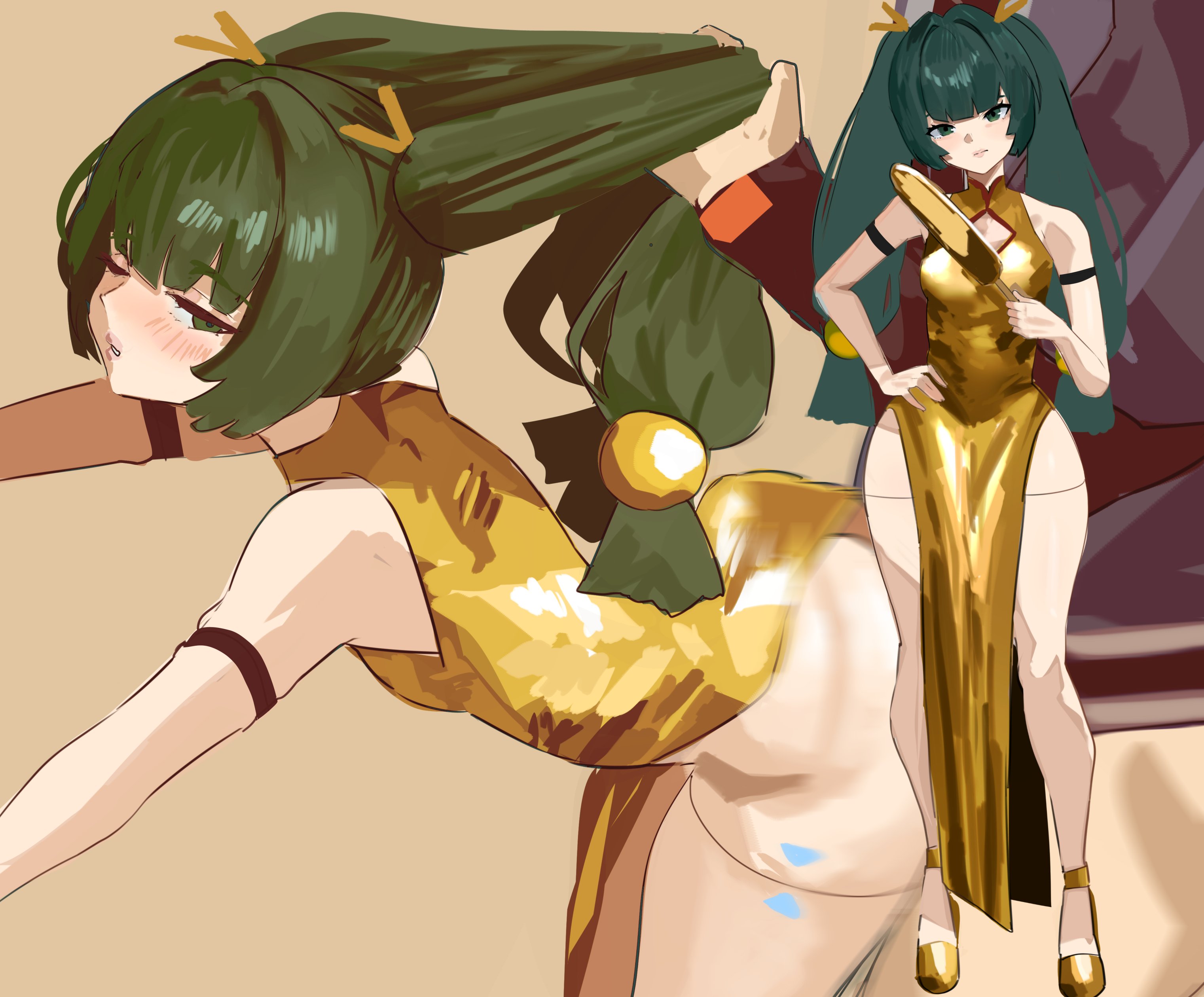 1boy, 1girl, absurdres, arm strap, china dress, chinese clothes, dress, gold dress, grabbing another's hair, green eyes, green hair, hair ornament, hand fan, hetero, highres, holding, holding another's hair, holding fan, implied sex, long hair, pelvic curtain, qingyi (zenless zone zero), redi (rasec asdjh), sleeveless, sleeveless dress, sphere hair ornament, tuanshan, twintails, wise (zenless zone zero), zenless zone zero