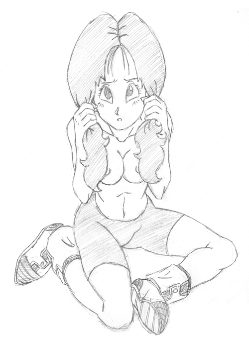 akira_toriyama_(style) boots breasts dragon_ball dragon_ball_z female female_only human light_skin looking_at_viewer medium_hair simple_background sitting solo straight_hair tagme topless twintails videl white_background