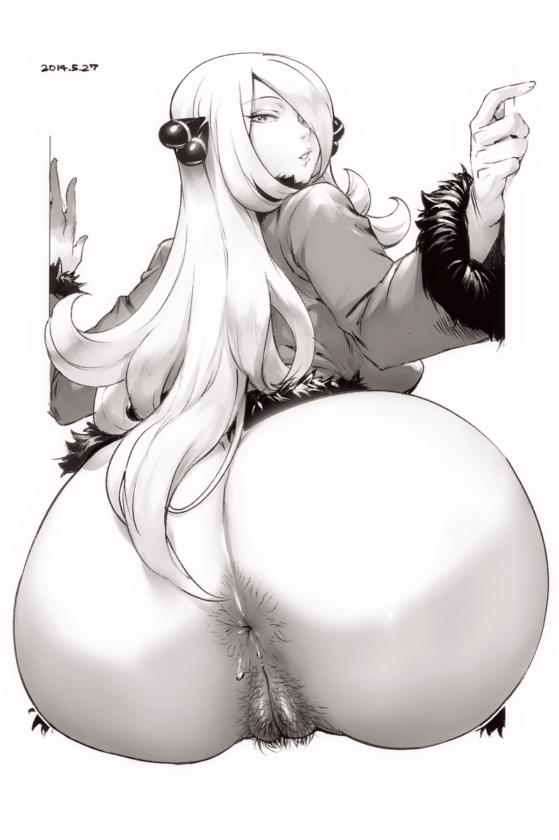 1girls anal_hair anus ass back bottomless cynthia_(pokemon) decensored female female_anus_hair female_only from_behind hair_over_one_eye hairy highres human human_only jacket lips long_hair looking_at_viewer looking_back monochrome orushibu photoshop pokemon pubic_hair pussy solo uncensored