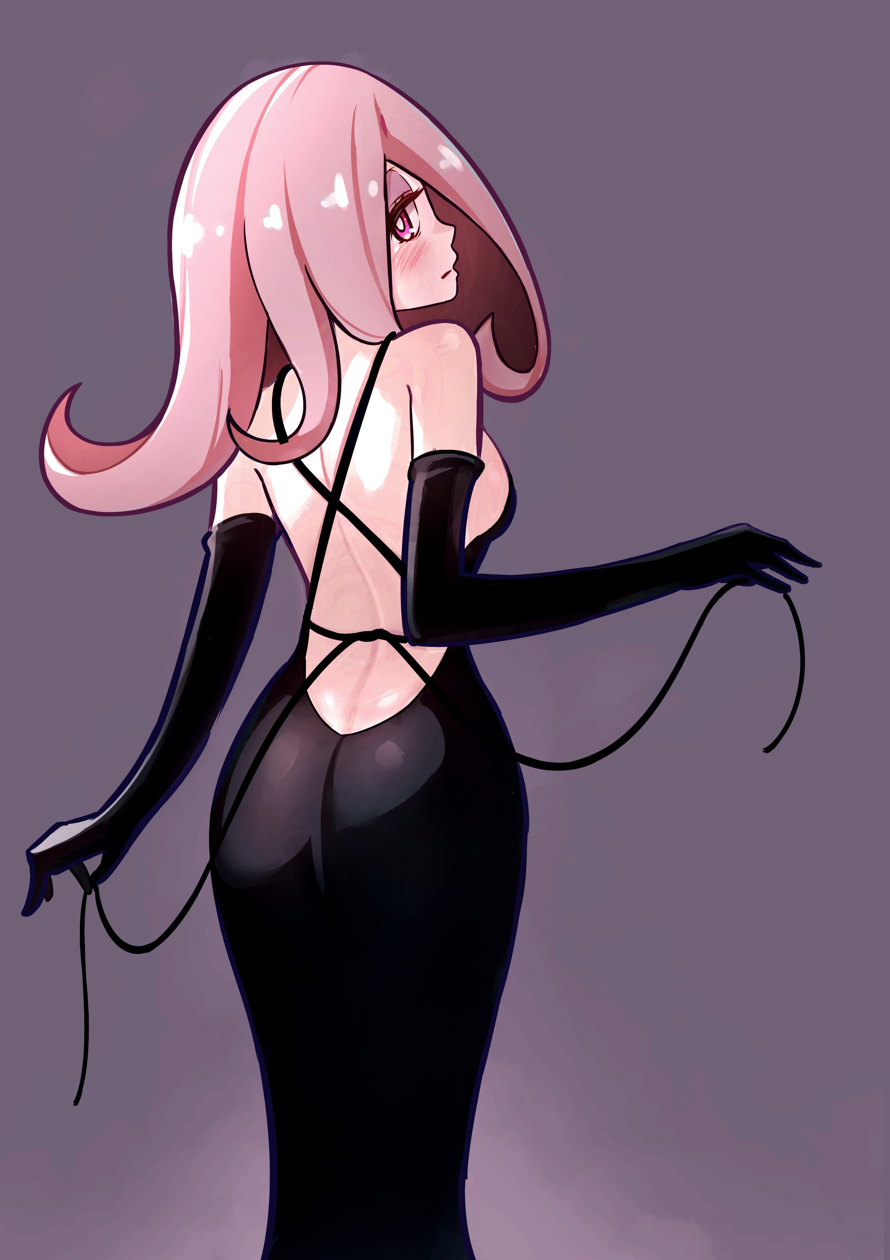 1girls, absurdres, ass, back, backless dress, backless outfit, big ass, black dress, black gloves, blush, breasts, bright pupils, closed mouth, commentary, dress, elbow gloves, english commentary, female, female only, from behind, gloves, highres, holding, little witch academia, long hair, looking at viewer, looking back, madabau, madabauillust, pink eyes, pink hair, purple background, red eyes, sideboob, simple background, small breasts, solo, sucy manbavaran, tagme, white pupils