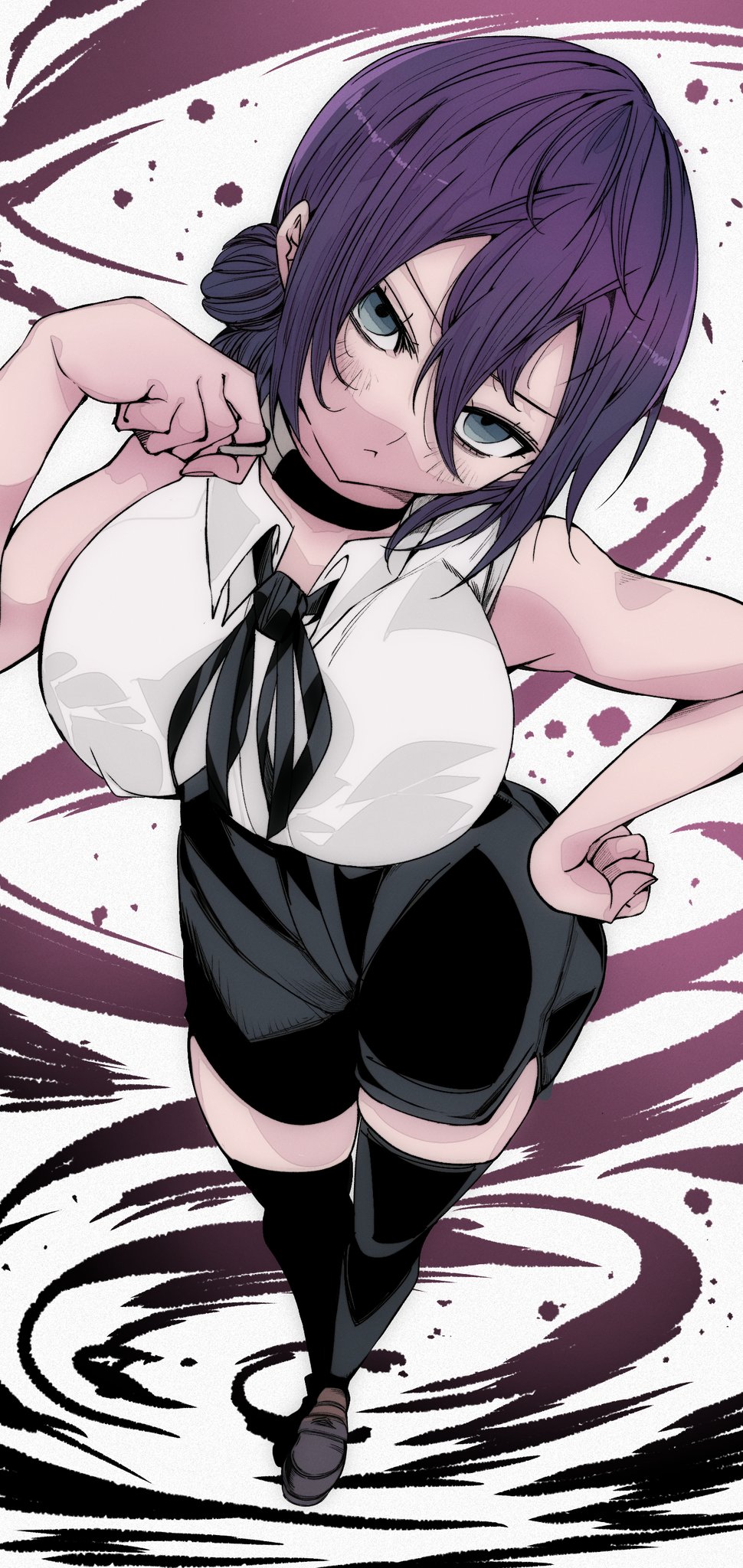 :<, 1girls, 2025, big breasts, blue eyes, breasts, chainsaw man, clothed, clothing, collar, color, female, female only, hair, hair between eyes, hi res, light skin, light-skinned female, looking at viewer, mappa, omochi db, purple hair, reze (chainsaw man), solo, viewed from above, white background