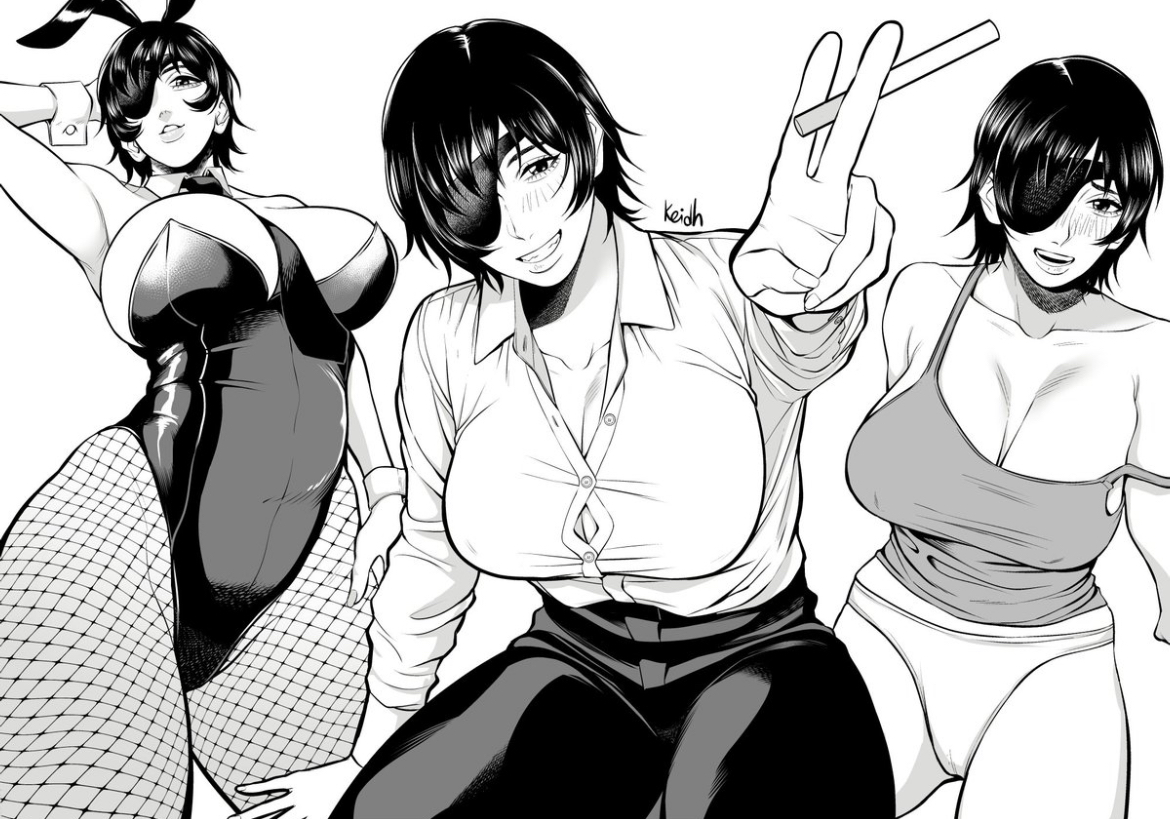 big breasts, big thighs, black hair, black pants, blush, blush lines, breasts, bunny ears, bunny girl, bunnysuit, buttoned shirt, chainsaw man, cigarette, cleavage, cleavage overflow, curves, curvy, curvy female, curvy figure, cute, cute face, eyepatch, female, female focus, female only, fishnets, himeno (chainsaw man), hourglass figure, keidh, looking at viewer, panties, pantyhose, playboy bunny, revealing, revealing breasts, sexy, sexy body, sexy female, sexy pose, shirt and panties, slim waist, solo, solo female, solo focus, staring at viewer, straps off shoulders, thick thighs, thighs, tiny waist, v line, voluptuous, voluptuous female, wide hips, wide thighs