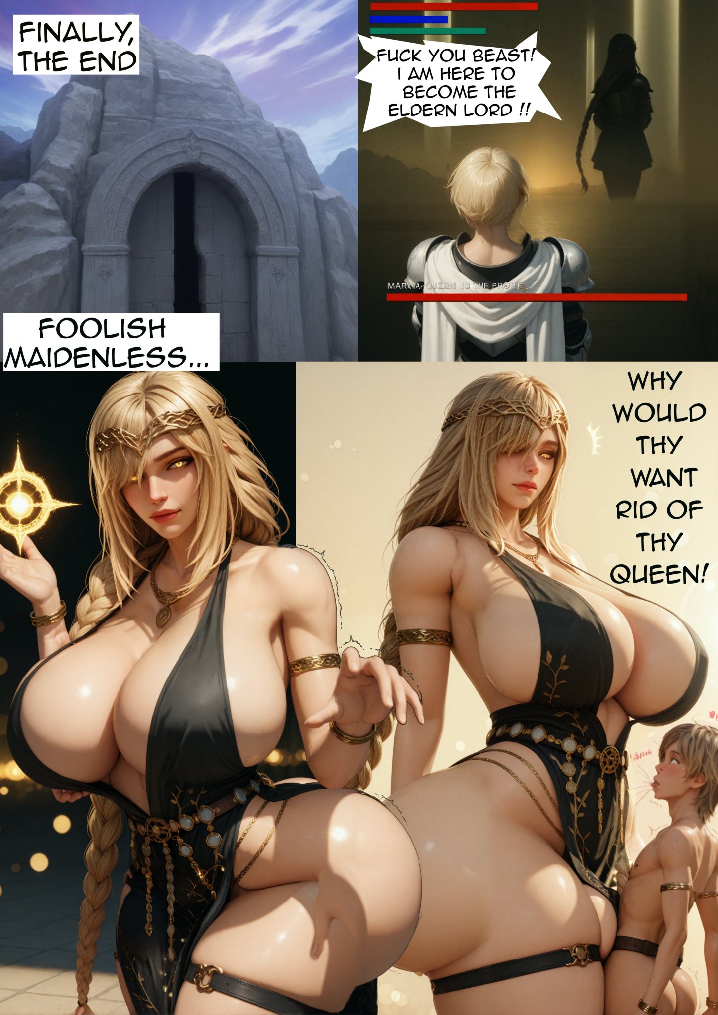 1boy, 1boy1girl, 1girls, ai generated, ass, ass bigger than head, big ass, big breasts, big thighs, bigger female, bracelet, braided hair, breasts, breasts bigger than head, bust, busty, chest, culterist, curvaceous, curvy, curvy figure, digital media (artwork), elden ring, empyrean, enormous ass, enormous breasts, enormous thighs, female, fromsoftware, gameplay mechanics, giant ass, giant breasts, giantess, gigantic ass, gigantic breasts, gigantic thighs, god, goddess, health bar, height difference, hips, hourglass figure, huge ass, huge breasts, huge thighs, hyper thighs, large ass, large breasts, large thighs, larger female, legs, light-skinned female, macro, macro female, male, male/female, massive ass, massive breasts, massive thighs, mature, mature female, milf, mini giantess, mother, queen, queen marika the eternal, royalty, shaman, shorter male, size difference, slim waist, smaller male, stamina bar, straight, tall female, taller female, taller girl, tarnished, thick, thick ass, thick hips, thick legs, thick thighs, thighs, thighs bigger than head, voluptuous, voluptuous female, waist, wide ass, wide hips, wide thighs