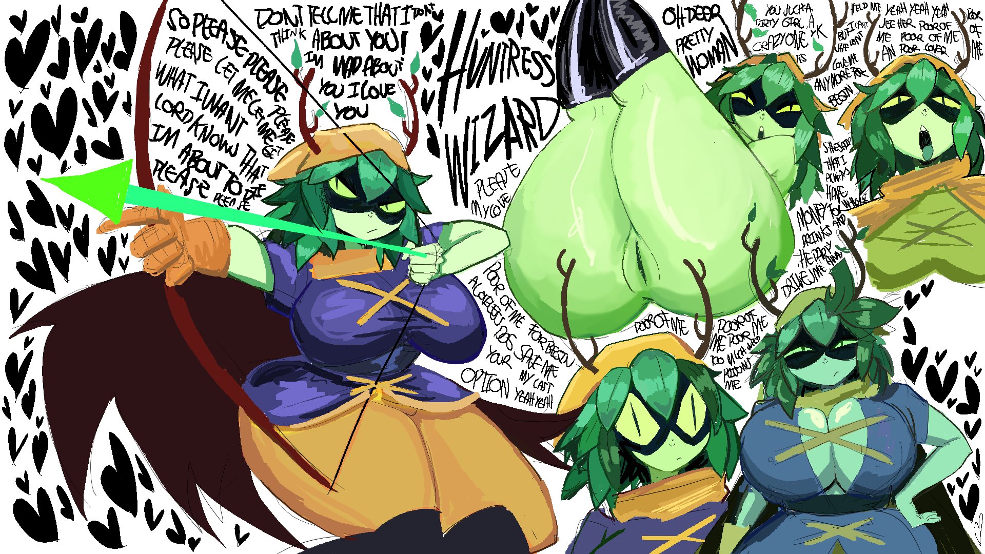 1girls, 2d, adventure time, anus, ass, big ass, big breasts, big butt, big thighs, breasts, breasts bigger than head, cartoon network, clothing, curvaceous female, curvy, curvy female, fat ass, female, female only, fionna and cake, green hair, green skin, huge ass, huge breasts, huge thighs, huntress wizard, nude, pussy, text, thick legs, thick thighs, thighhighs, xd64100