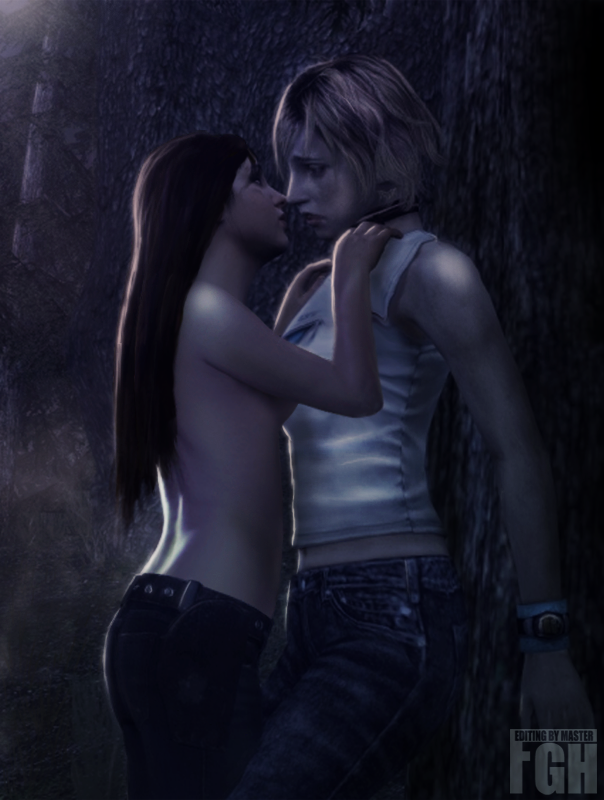 2girls 3d about_to_kiss against_tree bare_arms blonde_hair brunette crossover forest hands_on_shoulders heather_mason left_4_dead light-skinned_female long_sleeves mod short_hair shorter_female sideboob silent_hill silent_hill_3 taller_girl tanktop topless yuri zoey_(left_4_dead)