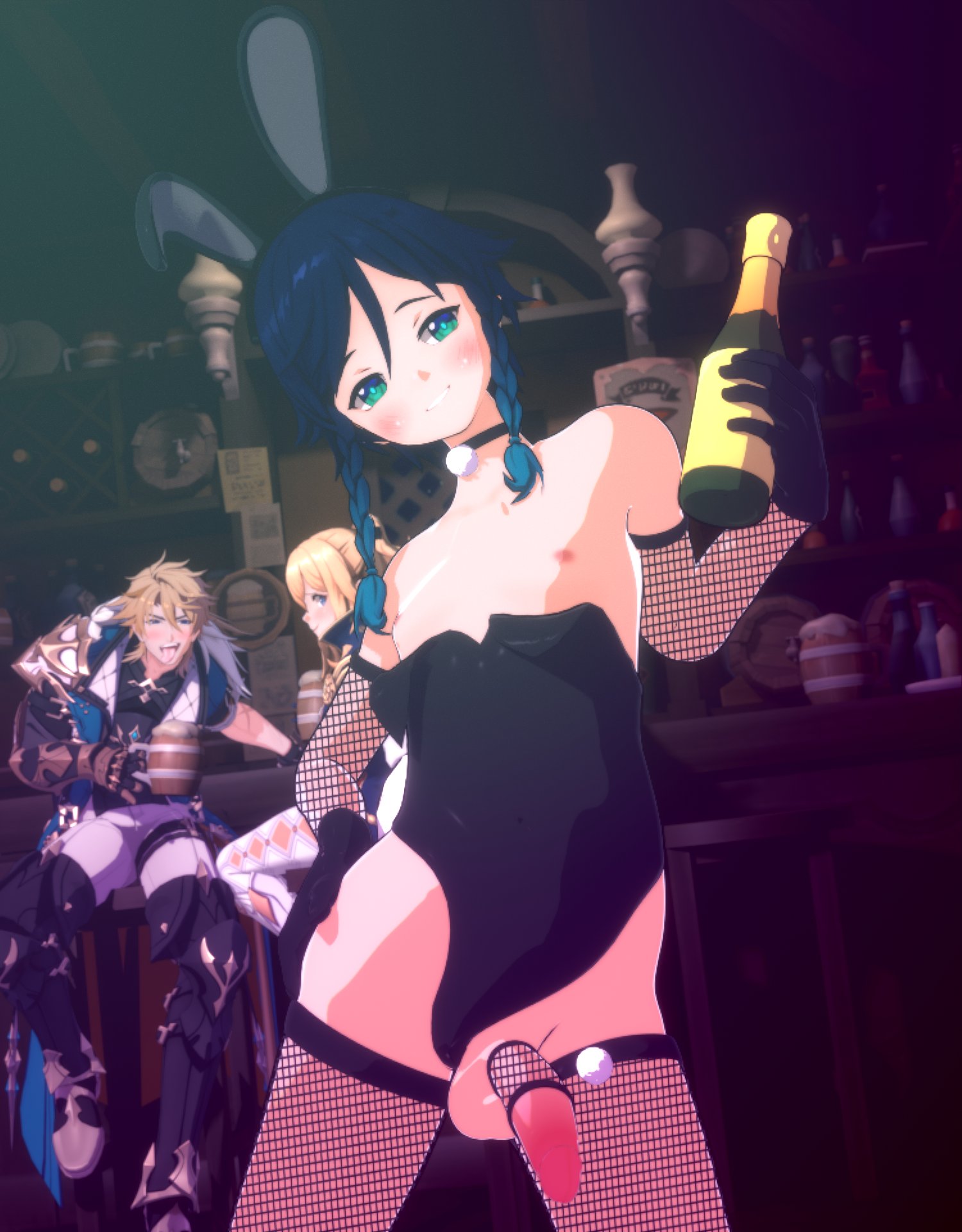 1boy, 3d, armwear, balls, blender (software), blush, bunny ears, bunny tail, bunnysuit, champagne, exhibitionism, exposed, exposed breasts, exposed nipples, exposed penis, exposed shoulders, femboy, femboy focus, fishnets, freaky, genshin impact, gloves, holding object, hoyoverse, jean gunnhildr, legwear, light-skinned male, male, male focus, male only, mihoyo, new year, otoko no ko, passengerlamp, peeping, penis, public, public exposure, public nudity, solo, solo focus, solo male, staring, thick thighs, thighhighs, tongue out, varka (genshin impact), venti (genshin impact)