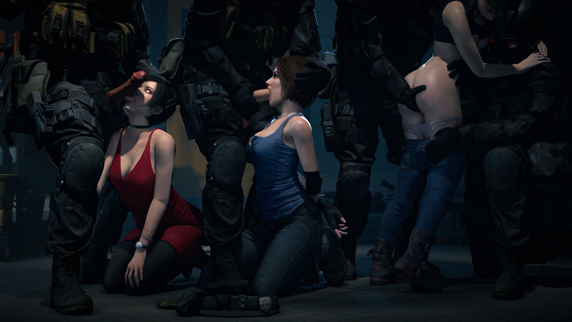 3d, 3girls, 4boys, ada wong, ada wong (adriana), blowjob, captured, claire redfield, claire redfield (jordan mcewen), dark-skinned male, fellatio, female, groping, groping ass, jill valentine, jill valentine (sasha zotova), light skin, light-skinned female, light-skinned male, male, masked male, multiple boys, multiple girls, oral, oral penetration, oral sex, penis, questionable consent, resident evil, resident evil 2 remake, resident evil 3 remake, touching ass, winterssfm