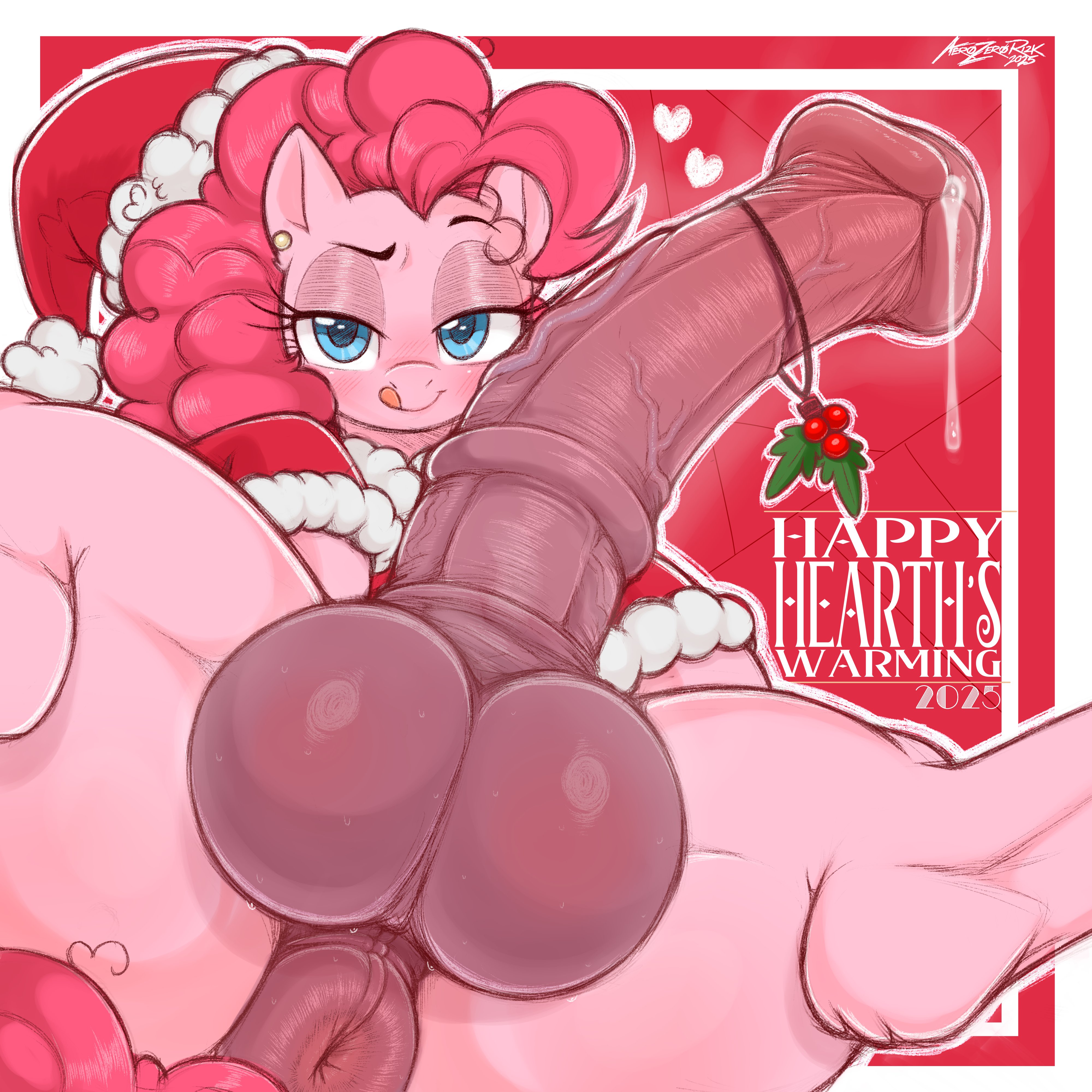 1:1, 1futa, absurd res, aer0 zer0, animal genitalia, animal penis, anus, ass, balls, bedroom eyes, big balls, christmas, christmas clothing, christmas hat, christmas outfit, equine, equine anus, equine genitalia, equine penis, eyelashes, feral, flared penis, friendship is magic, futanari, hi res, highres, holly (plant), licking lips, mistletoe, my little pony, penis, pink fur, pink hair, pinkie pie (mlp), puffy anus, quadruped, santa hat, solo, spread legs, spreading, tail, veiny penis