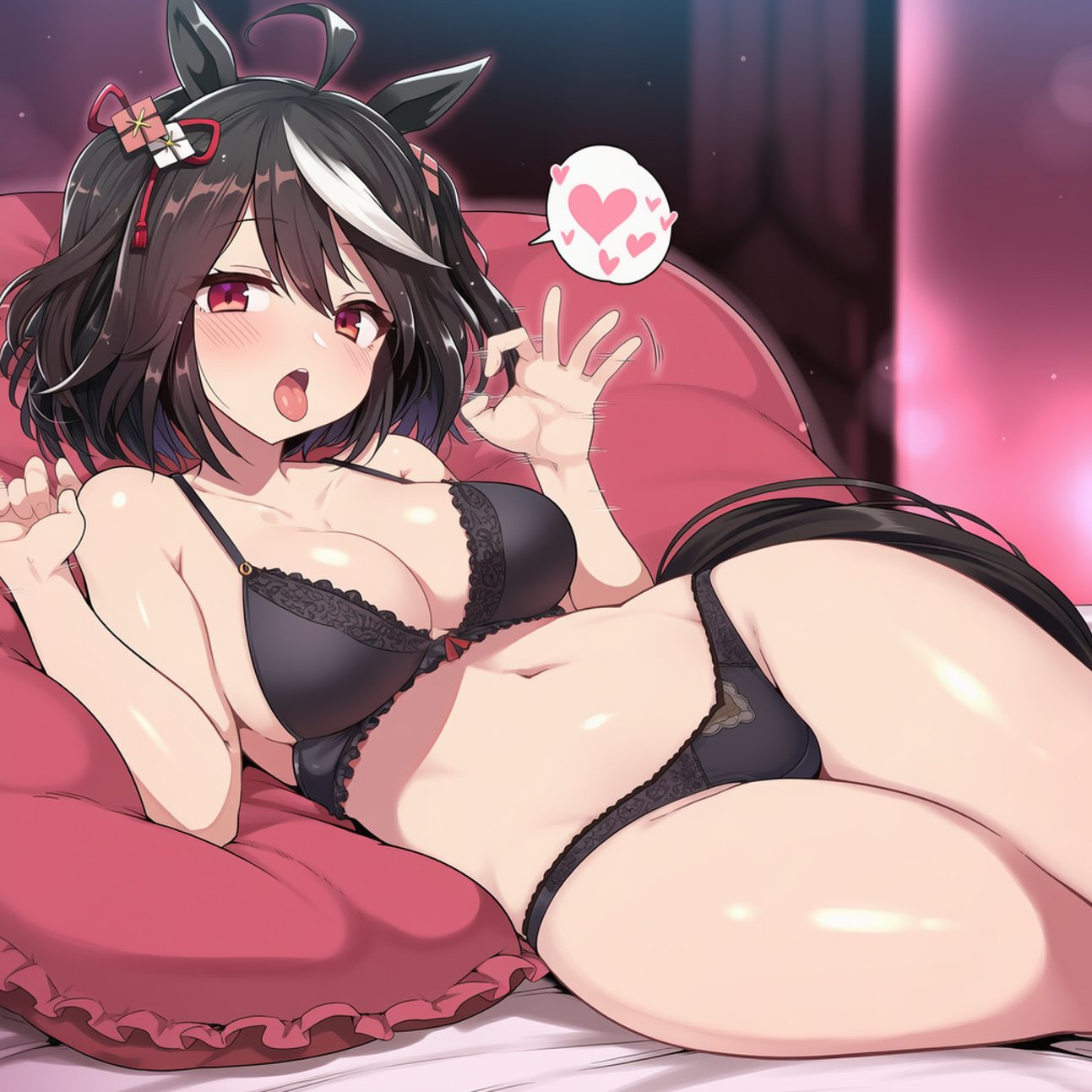 ai generated, big breasts, black hair, horse girl, kitasan black (umamusume), lingerie, red eyes, sexy, solo, umamusume