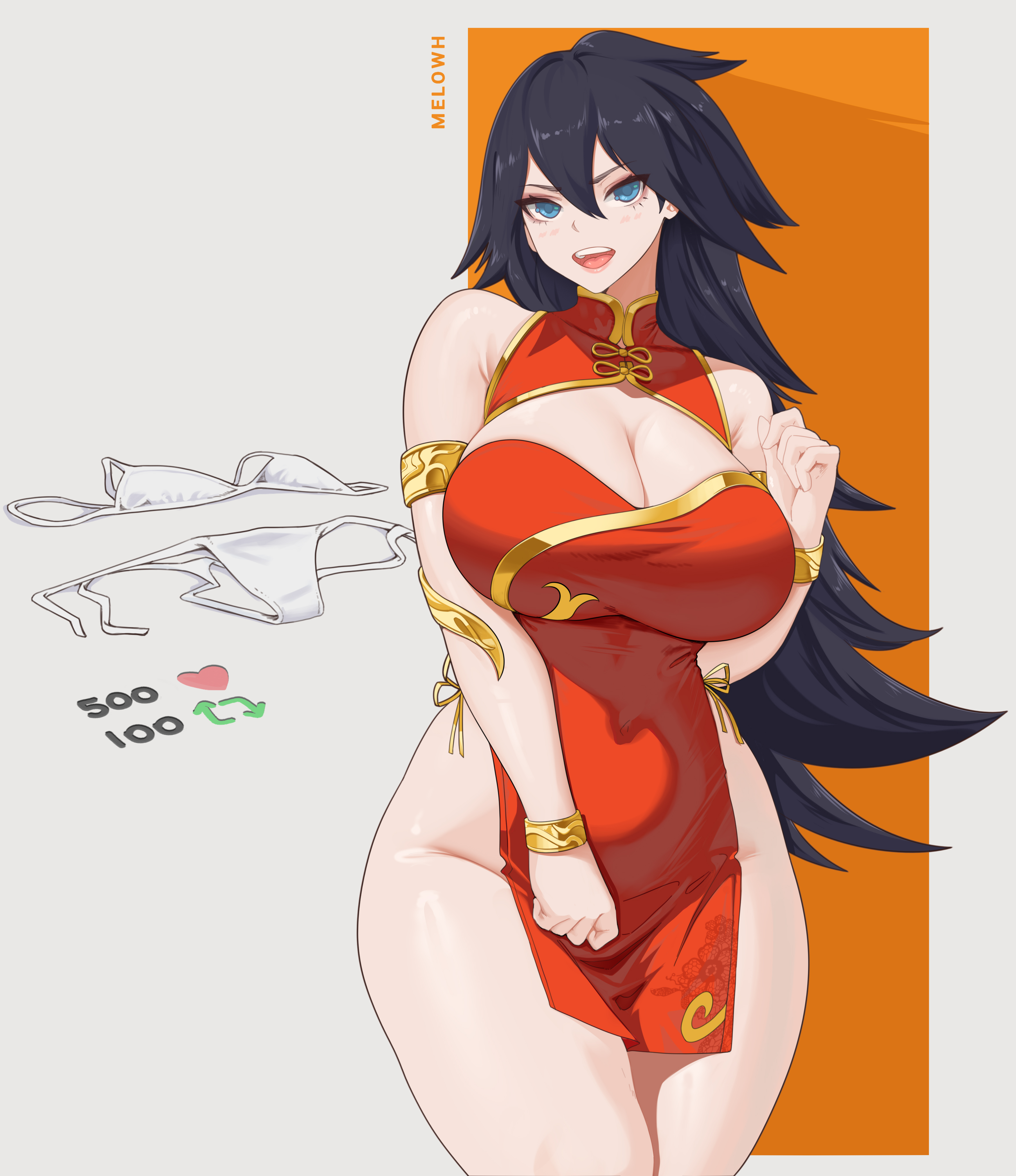 1girls, armwear, big breasts, black hair, blue eyes, blushing, boku no hero academia, bra, bracelet, challenge, female, female only, fully clothed, hourglass figure, huge breasts, long hair, looking at viewer, melowh, midnight (my hero academia), my hero academia, open mouth, panties, shiny skin, smiling, standing, strip game, teeth showing, thick, thick ass, thick thighs, thighs