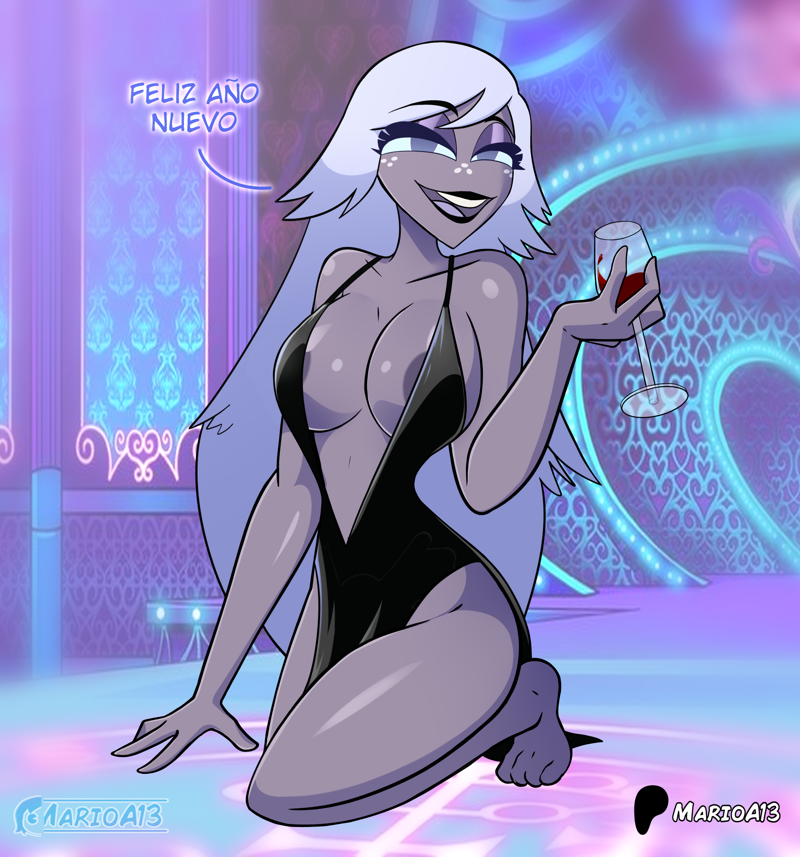 1girls, blue eyes, emily (hazbin hotel), evening dress, female, full body, grey body, happy new year, hazbin hotel, hazbin hotel (season 2), long hair, marioa13, solo female, wine glass