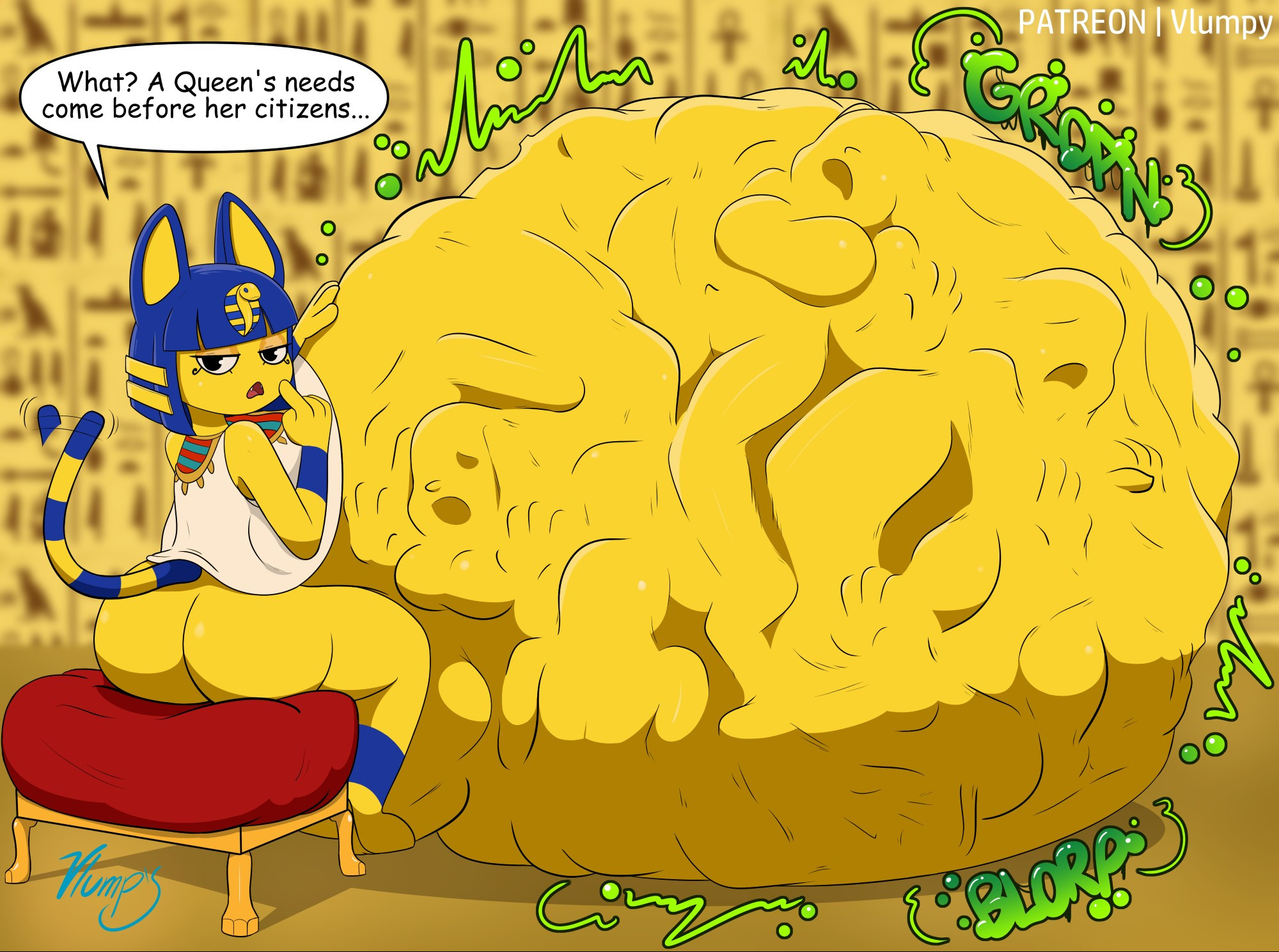 animal crossing, ankha, ankha (animal crossing), anthro, anthro only, fat, female, furry, gigantic belly, hyper, hyper belly, mass vore, prey outline, same size vore, tagme, vlumpy, vore, vore belly