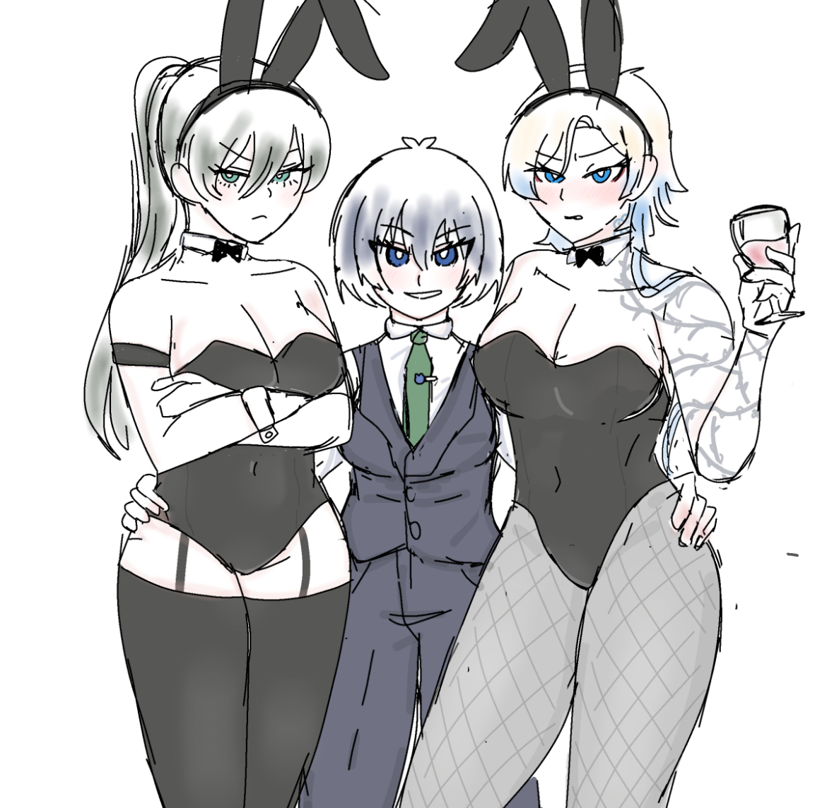 2subs1dom, 3girls, about to have sex, big breasts, bigger sub, blonde hair, blue eyes, blue hair, blue lock, blush, breasts, bunnygirl, cleavage, comic, curves, curvy female, dominant female, female in suit, female/female/female, femdom, femlock, femsub, flat chest, genderswap, german, german female, green hair, hands on ass, hands on hips, interracial yuri, isagi yoichi, itoshi rin, japanese, japanese female, looking at viewer, michael kaiser, part of a set, petite female, playboy bunny, rule 63, sexy body, sexy clothing, sexy female, smaller dom, smaller dom larger sub, submissive female, tattoo, tattooed arm, thick thighs, thighs, tomboy, tomboyish, wlw, women, yuri
