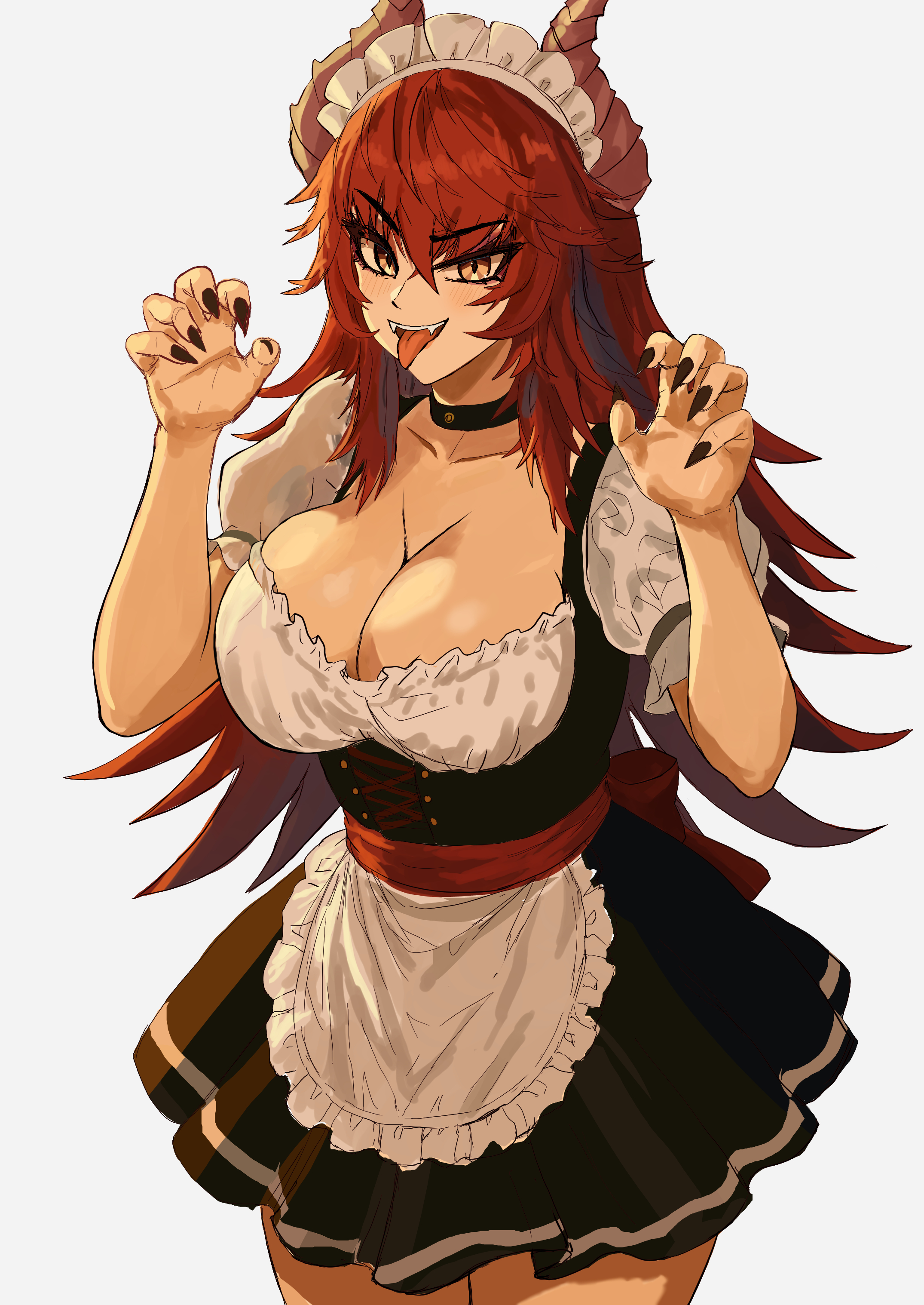 absurdres, apron, black choker, black dress, black nails, blush, breasts, choker, claw pose, cleavage, commentary, dress, fangs, female, highres, indie virtual youtuber, large breasts, long hair, looking at viewer, maid, maid apron, maid headdress, meibin, nail polish, open mouth, red hair, solo, tongue, tongue out, twitter, virtual youtuber, yellow eyes, youtube, zentreya, zentreya (dragon)