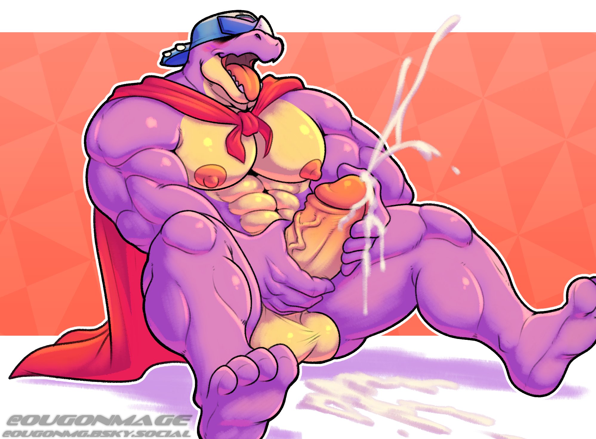 1boy, anthro, balls, bara, brawl stars, cum, cumshot, ejaculation, gay, male, male only, muscles, muscular, muscular male, nipples, open mouth, ougon, pierce (brawl stars), pink nipples, tongue, tongue out, yaoi