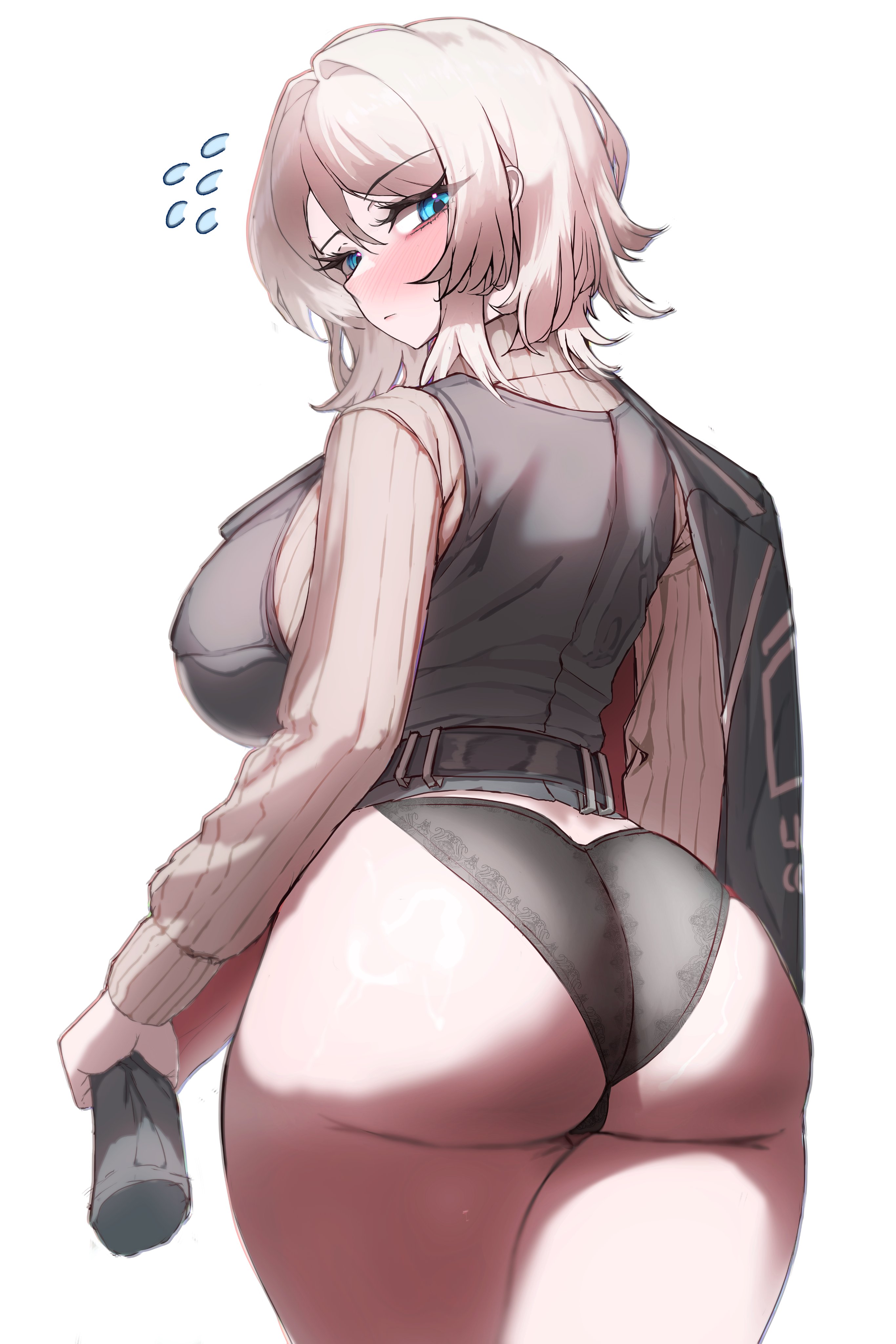 1girls, ass, ass focus, confused, faust (limbus company), female, flying sweatdrops, from behind, full-face blush, large ass, limbus company, looking back, project moon, stainlesspanty, thick thighs, wide hips