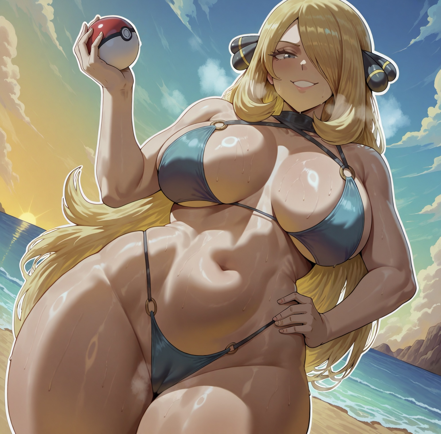 1girls, ai generated, arms up, ass, big ass, big breasts, bikini, bikini bottom, bikini top, blonde hair, blue bikini, blue bikini bottom, blue bikini top, breasts, cameltoe, challenging viewer, curvy, curvy female, curvy figure, cynthia (pokemon), dug-lith-pls, game freak, grey eyes, hair ornament, hair over one eye, hand on hip, holding object, large ass, large breasts, lipstick, long hair, looking at viewer, looking down, navel, nintendo, pixai, pokeball, pokemon, pokemon bdsp, pokemon dppt, pussy visible, pussy visible through bikini, pussy visible through clothes, seductive, seductive eyes, seductive look, seductive smile, smug, smug face, smug grin, smug smile, solo, solo female, solo focus, steam, steaming body, steamy breath, tagme, thick ass, thick hips, thick thighs, thighs, voluptuous, voluptuous female