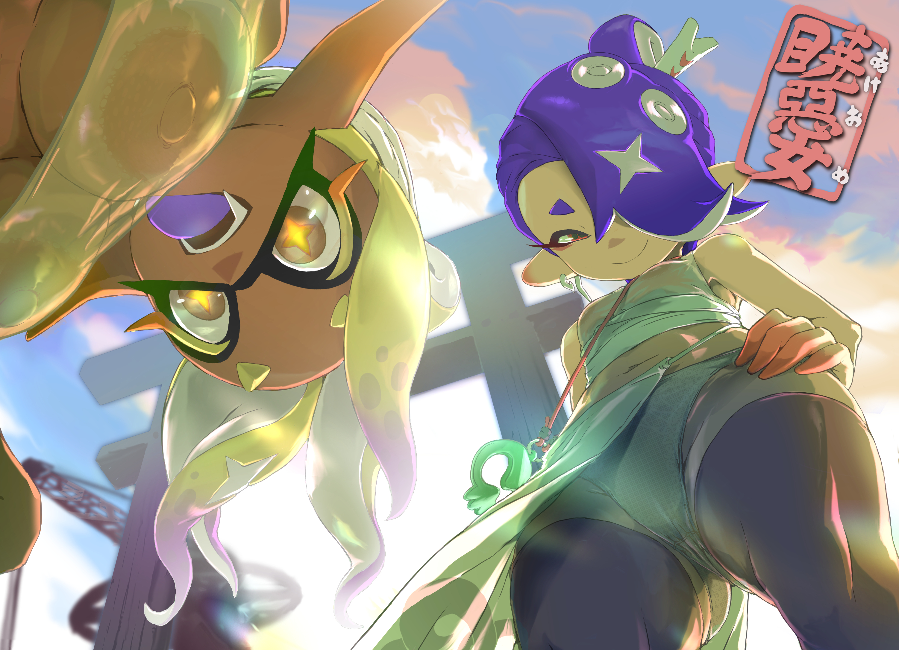 2girls, ass, big breasts, breasts, dark skin, dark-skinned female, deep cut (splatoon), dress, duo, female, frye (splatoon raiders), frye (splatoon), frye onaga, hi res, hideyoshi (swliyhbpe9xqqze), highres, inkling, inkling girl, light skin, looking at viewer, looking down, nintendo, nipples, octoling, octoling girl, see-through, see-through clothing, shiver (splatoon raiders), shiver (splatoon), shiver hohojiro, splatoon, splatoon (series), splatoon 3, splatoon raiders, standing, thick thighs, thighs