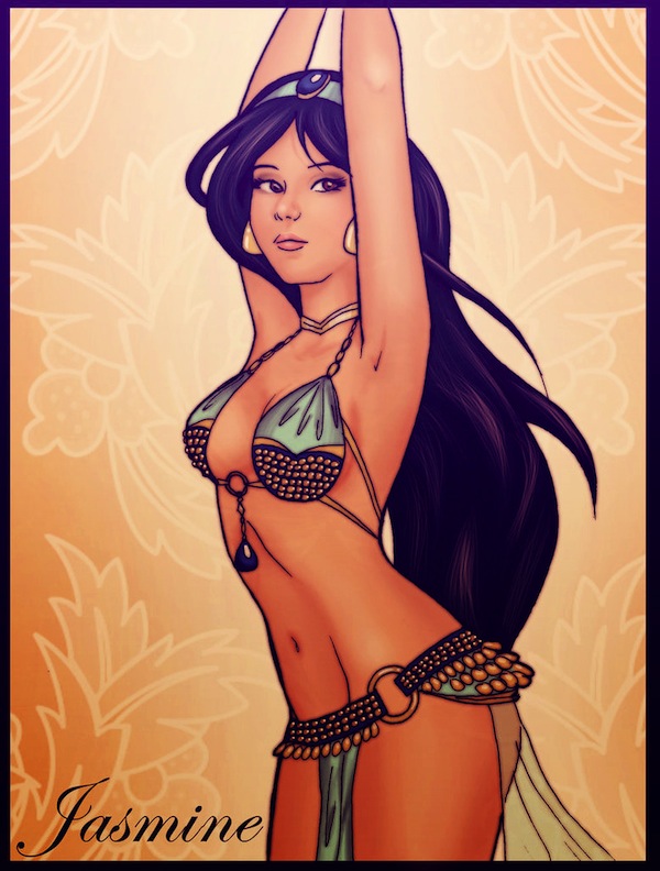 aladdin, arabian, arabian clothes, arms up, biaani, color, dark skin, dark-skinned female, disney, disney princess, female, female only, harem outfit, human, lingerie, princess jasmine, solo