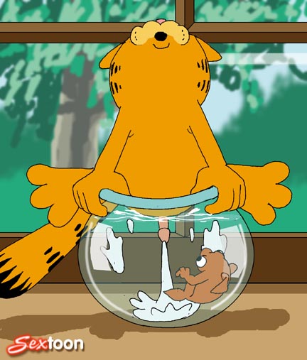 1boy ambiguous_gender cum cumshot ejaculation feline fellatio feral fish fish_bowl fishjob garfield_(series) garfield_the_cat goldfish interspecies male male/ambiguous marine orgasm penis sextoon tongue tongue_out water