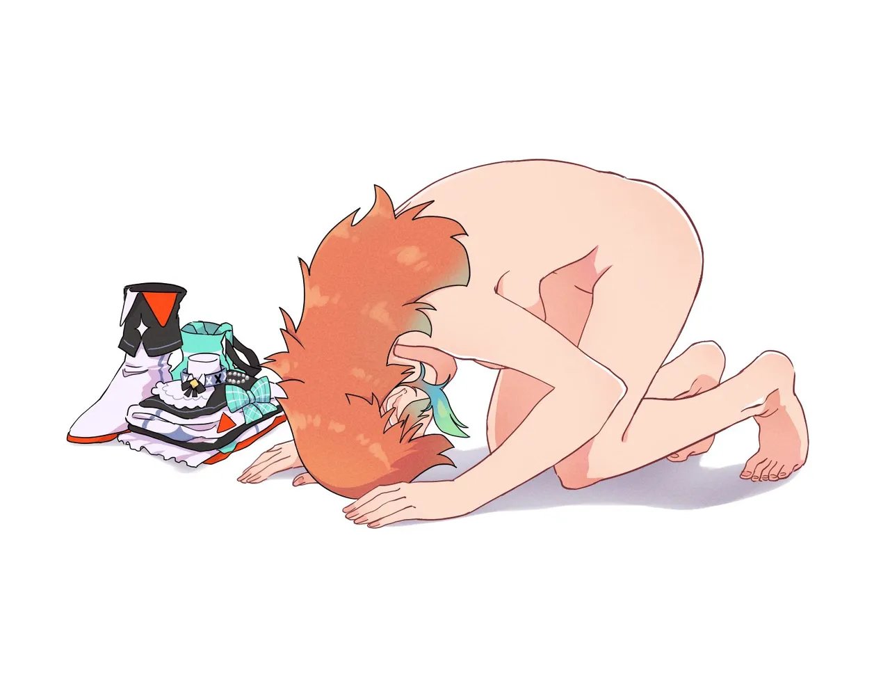 1girls, 2d, 2d (artwork), ass, barefoot, big breasts, bowing down, breasts, completely nude, cristina manzanita (artist), dogeza, feather earrings, feet, female, female only, full body, german vtuber, hanging breasts, hololive, hololive english, hololive idol uniform, hololive myth, idol, idol clothes, large breasts, light skin, light-skinned female, long hair, manzanita (artist), milf, naked, naked dogeza, naked female, nude, nude female, official art, on hands and knees, orange hair, sideboob, slender legs, solo, solo female, takanashi kiara, toes, virtual youtuber, vtuber, where is your god now, white background