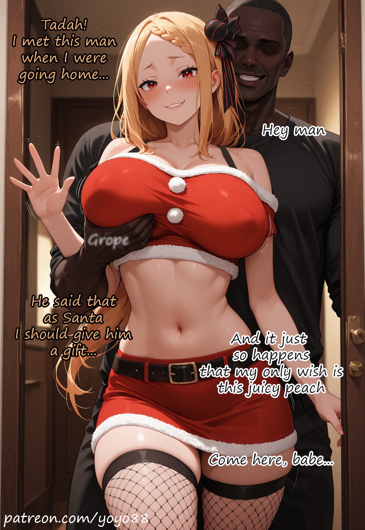 ai generated, big breasts, blonde hair, blush, braid, breast grab, caption, cheating, cheating female, clothing, cuckold, cuckolding, curvy, curvy female, curvy figure, dark-skinned male, female, fishnet legwear, fishnet stockings, fishnet thighhighs, hair ornament, high heels, huge breasts, indoors, interracial, large breasts, long hair, looking at viewer, male/female, navel, netorare, netorase, ntr, priscilla barielle, red eyes, santa costume, stockings, thighhighs, thighs, voluptuous, voluptuous female, waving, waving at viewer, yoyo88