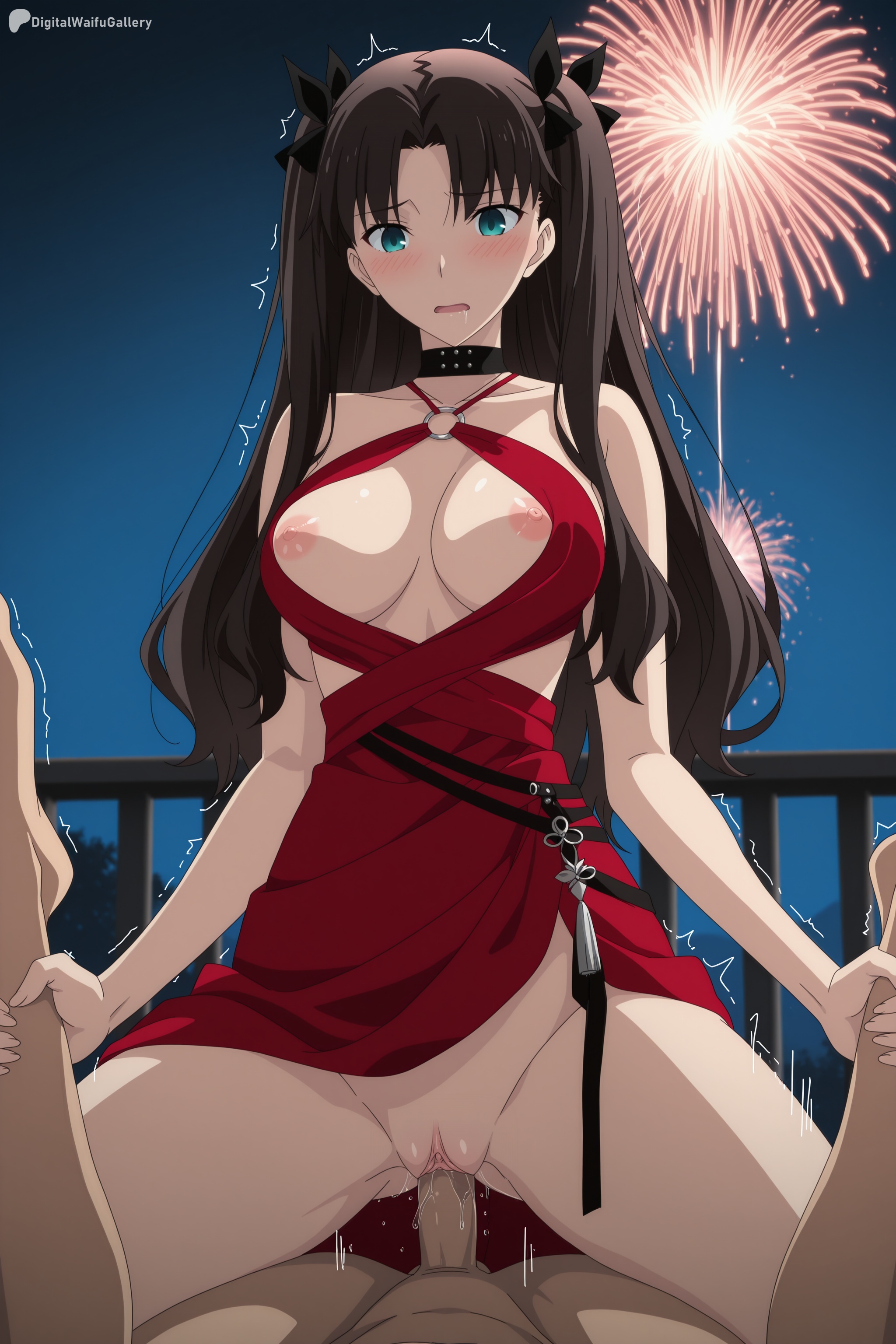 1boy, ai generated, aqua eyes, areolae, bangs, black hair, blue eyes, blush, breasts, choker, collarbone, cowgirl position, digitalwaifugallery, dress, eyebrows visible through hair, fate (series), fate/grand order, fate/stay night, female, fireworks, hair ribbon, hi res, high quality, high resolution, large breasts, long hair, looking at viewer, motion lines, navel, nipples, open mouth, outdoors, patreon, penis, pov, pussy, red dress, ribbon, seductive, sex, sexy, sky, solo focus, straddling, straight, tohsaka rin, trembling, two side up, uncensored, vaginal penetration, watermark