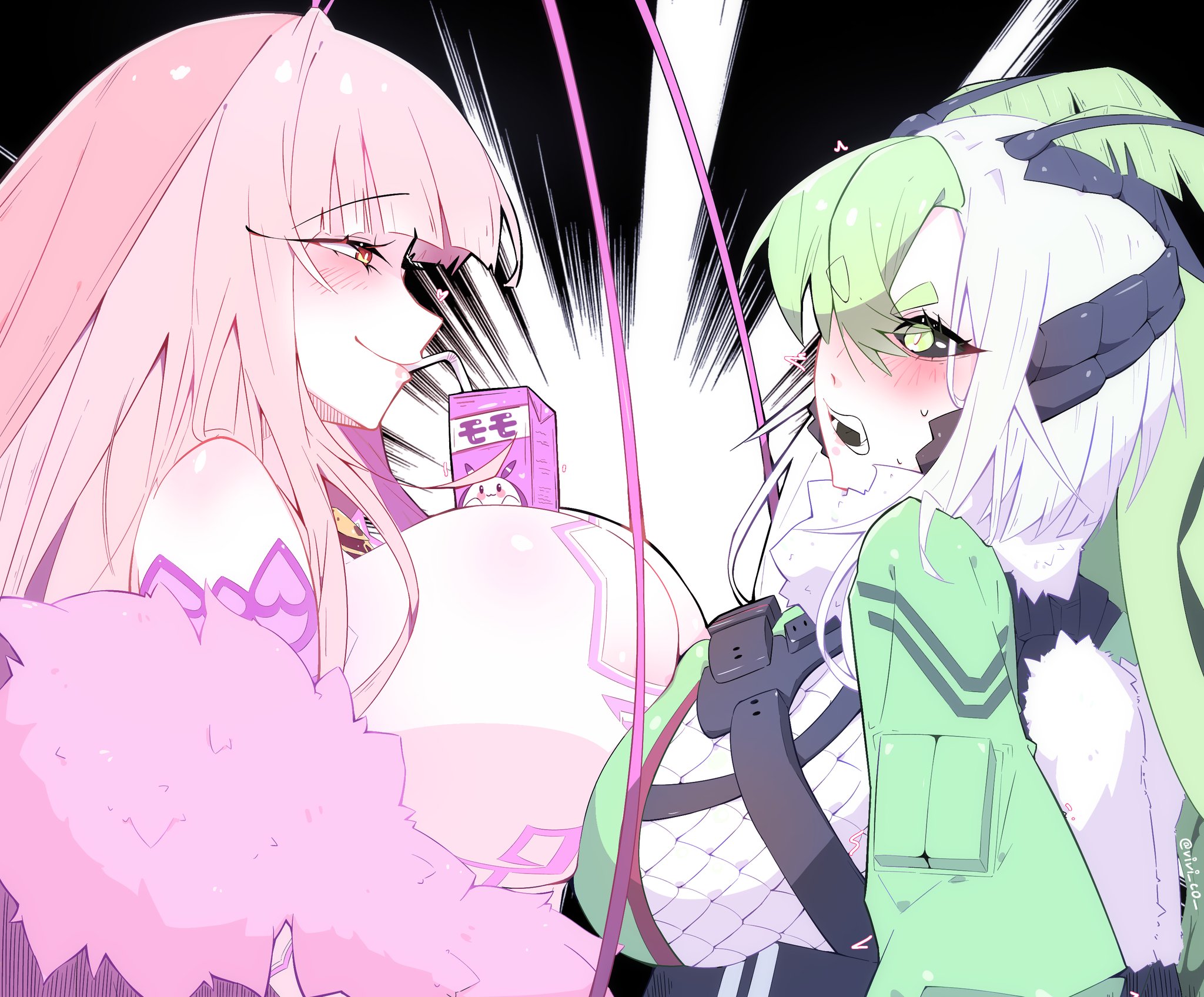 2girls, antenna hair, arthropod girl, asymmetrical docking, black sclera, blush, breast press, breasts, cleavage cutout, closed mouth, clothing cutout, cockroach girl, colored sclera, commentary, drink carton, english commentary, fishnets, green eyes, green hair, heart, highres, huge breasts, indie virtual youtuber, juniper actias, juniper actias (lab), large breasts, long hair, matara kan, matara kan (1st costume), mature, mature female, milf, milk carton, mommy, momo (matara kan), monster girl, moth girl, multicolored hair, multiple girls, older female, open mouth, pink hair, sideboob, two-tone hair, upper body, virtual youtuber, vivi co, vtuber, white hair