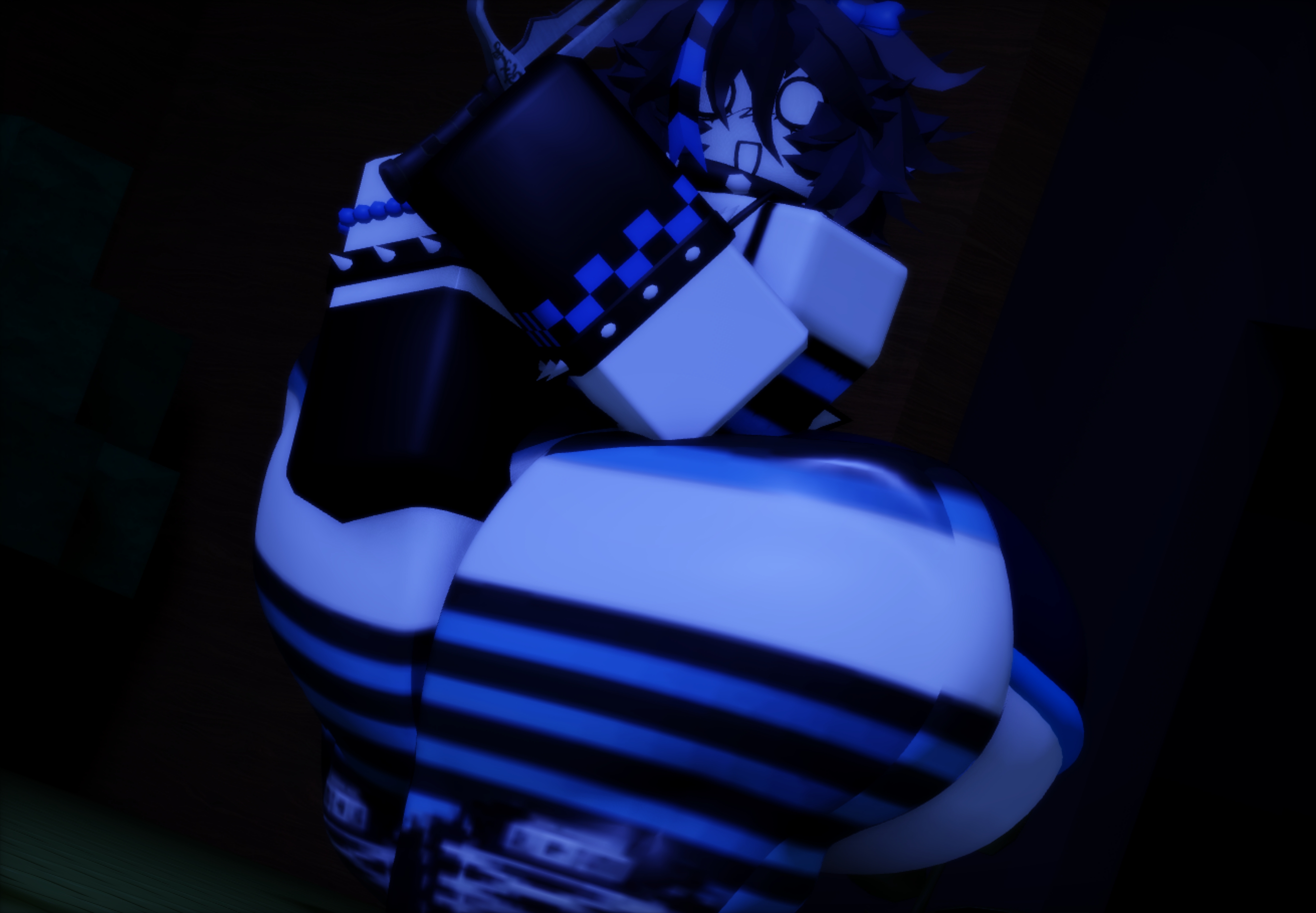 3d, black hair, bow on head, clothed, clothed female, clothing, dagger, dark atmosphere, forsaken (roblox), holding object, huge ass, kingzeryn87, looking at viewer, party two time, roblox, roblox game, robloxian, scene, tagme, thick thighs, two time