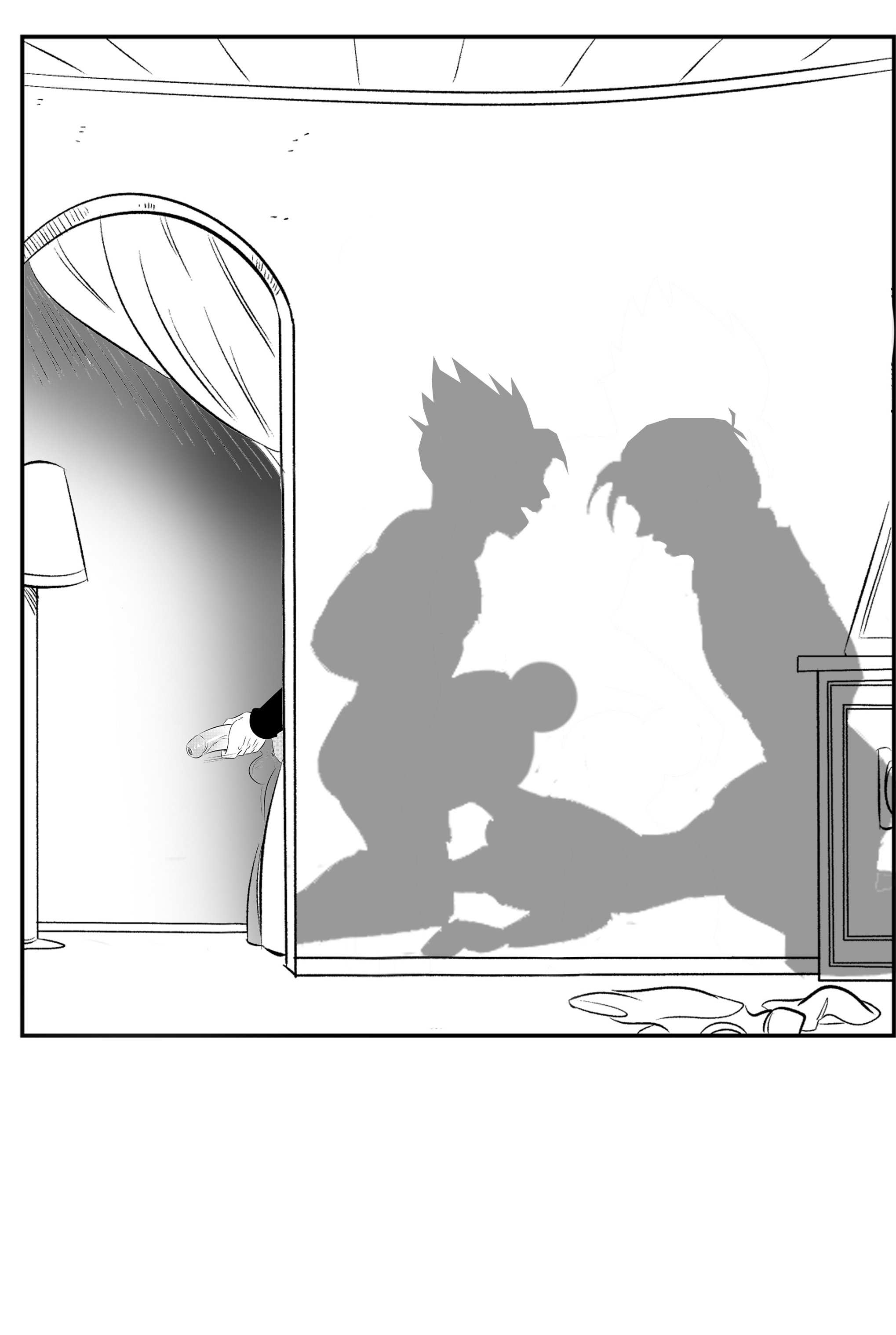 character in background, cheating, cheating female, cheating wife, chichi, double penetration, dragon ball, edit, funsexydragonball, incest, mother and son, sillouette, son gohan, threesome, trunks (dragon ball), trunks briefs