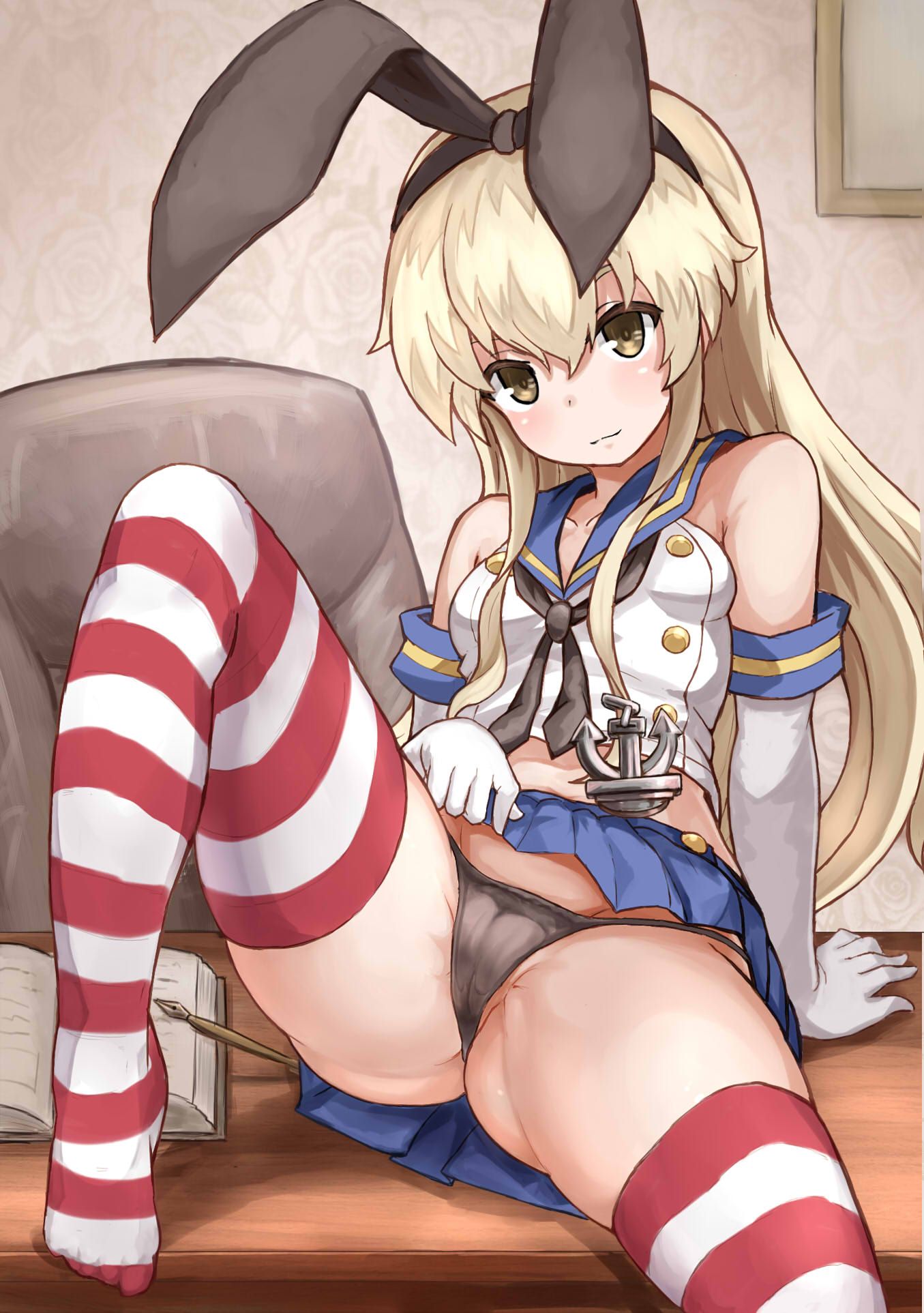 1girls black_panties female female_only hair kantai_collection okitsugu shimakaze_(kantai_collection) small_breasts spread_legs striped_legwear thong