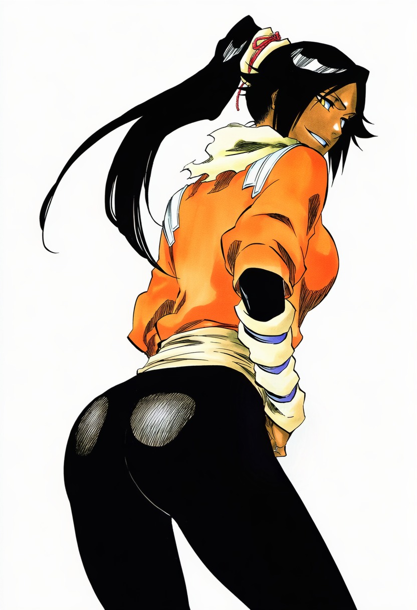 1girls, accurate art style, accurate body type, ai generated, arched back, arm warmers, arm wraps, ass, ass focus, athletic female, back, back view, black bodysuit, black hair, black pants, bleach, bodysuit, bodysuit under clothes, breasts, cel shading, clothing, confident, contrapposto, cowboy shot, dark skin, dark-skinned female, feet out of frame, female, female focus, female only, from behind, from below, full color, glossy, grin, hair between eyes, hair ornament, high ponytail, high resolution, highres, large breasts, large filesize, leggings, line art, long hair, long ponytail, long sleeves, looking at viewer, looking back, looking over shoulder, manga style, marker (medium), mischievous smile, narrow waist, orange shirt, pants, ponytail, scarf, shihouin yoruichi, shiny clothes, sideboob, simple background, skin tight, smile, smirk, solo, solo female, solo focus, three-quarter view, tight clothing, tight pants, tite kubo style, traditional media (artwork), viewed from below, warm colors, warm lighting, white background, wide hips, yellow eyes, ㅇㅇ