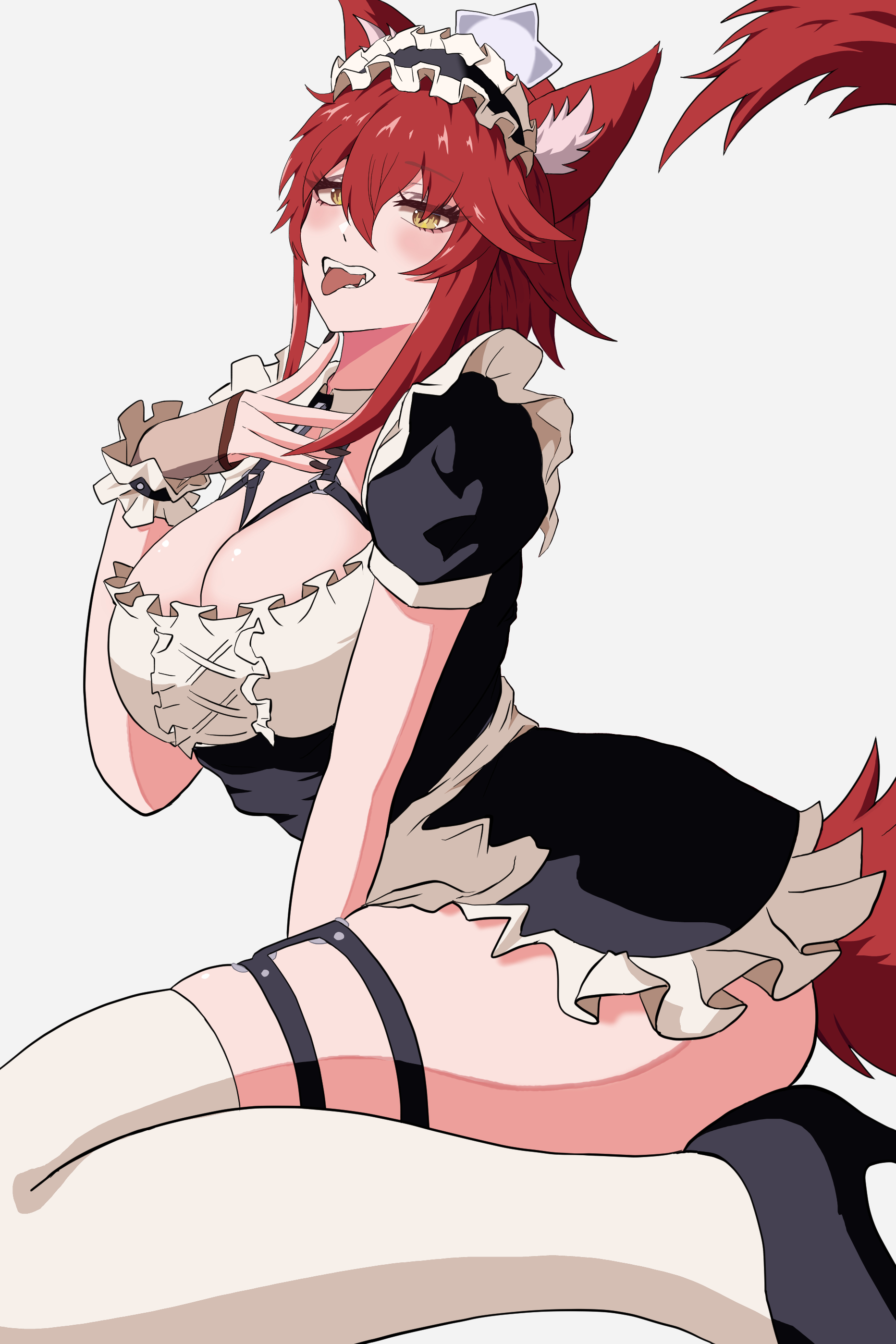 absurdres, alternate costume, animal ear fluff, animal ears, black dress, black shoes, black thighhighs, breasts, cleavage, commentary, dress, female, fingerless gloves, fishnet gloves, fishnets, gloves, high heels, highres, indie virtual youtuber, large breasts, looking at viewer, meibin, official alternate hair length, official alternate hairstyle, open mouth, shoes, solo, tail, thigh strap, thighhighs, tongue, tongue out, twitter, virtual youtuber, white background, wolf ears, wolf girl, wolf tail, yellow eyes, youtube, zentreya, zentreya (dragon)