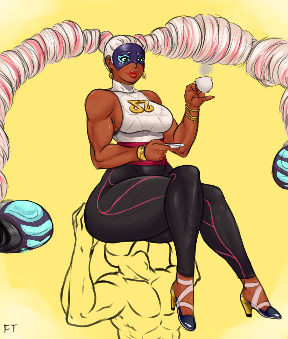 1boy, 1girls, arms, arms (game), ass, big ass, big butt, crossed legs, curvy, curvy female, dark skin, dark skinned, dark skinned female, dark-skinned female, facesitting, franktonius, gyaru, heels, high heels, legs crossed, lips, sitting, thicc, thick thighs, twintails, twintelle