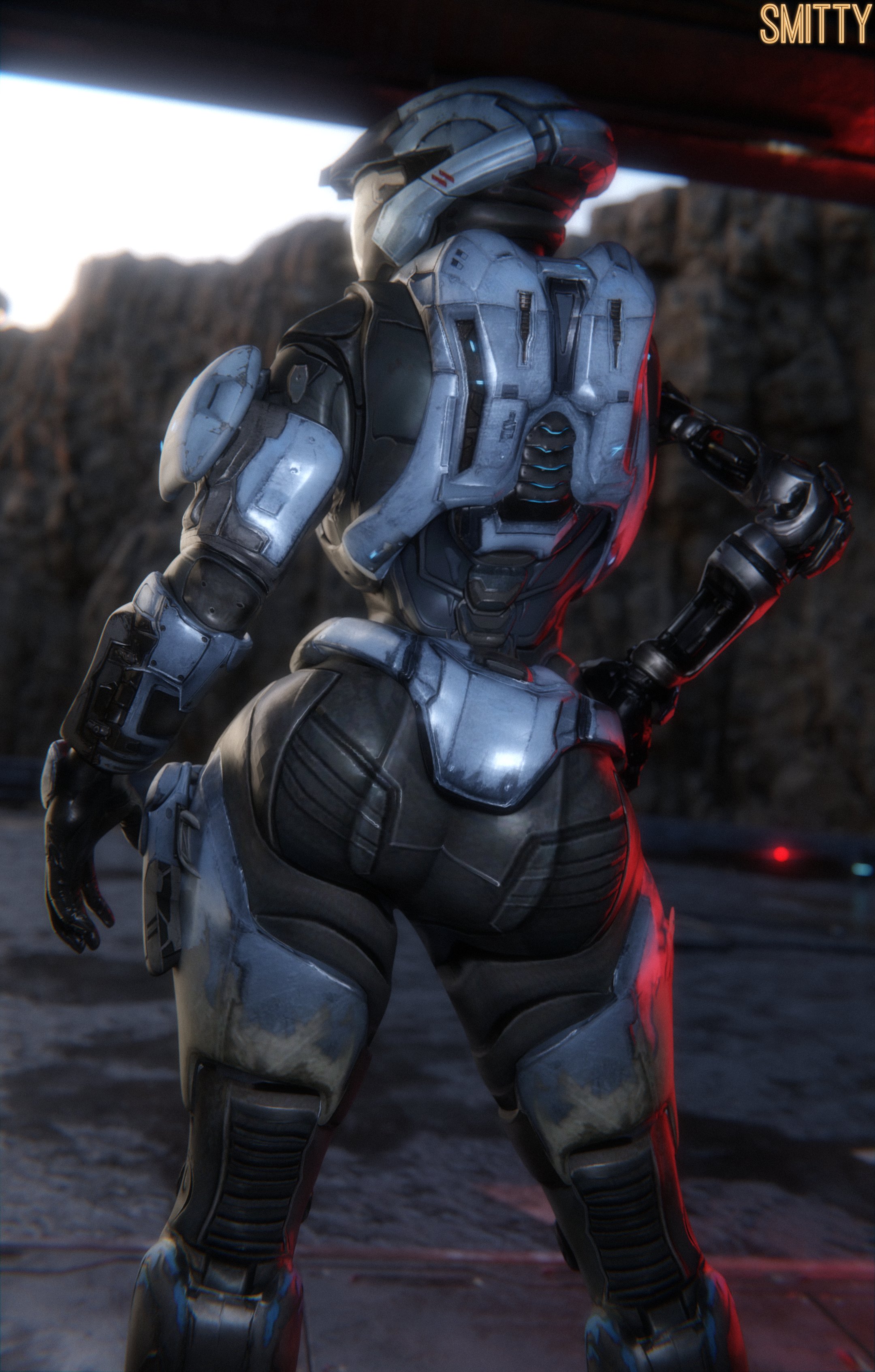 1girls, 3d, 3d (artwork), armor, ass, halo (series), helmet, kat-b320, large ass, mechanical arm, smitty34, spartan (halo), thick thighs, thighs