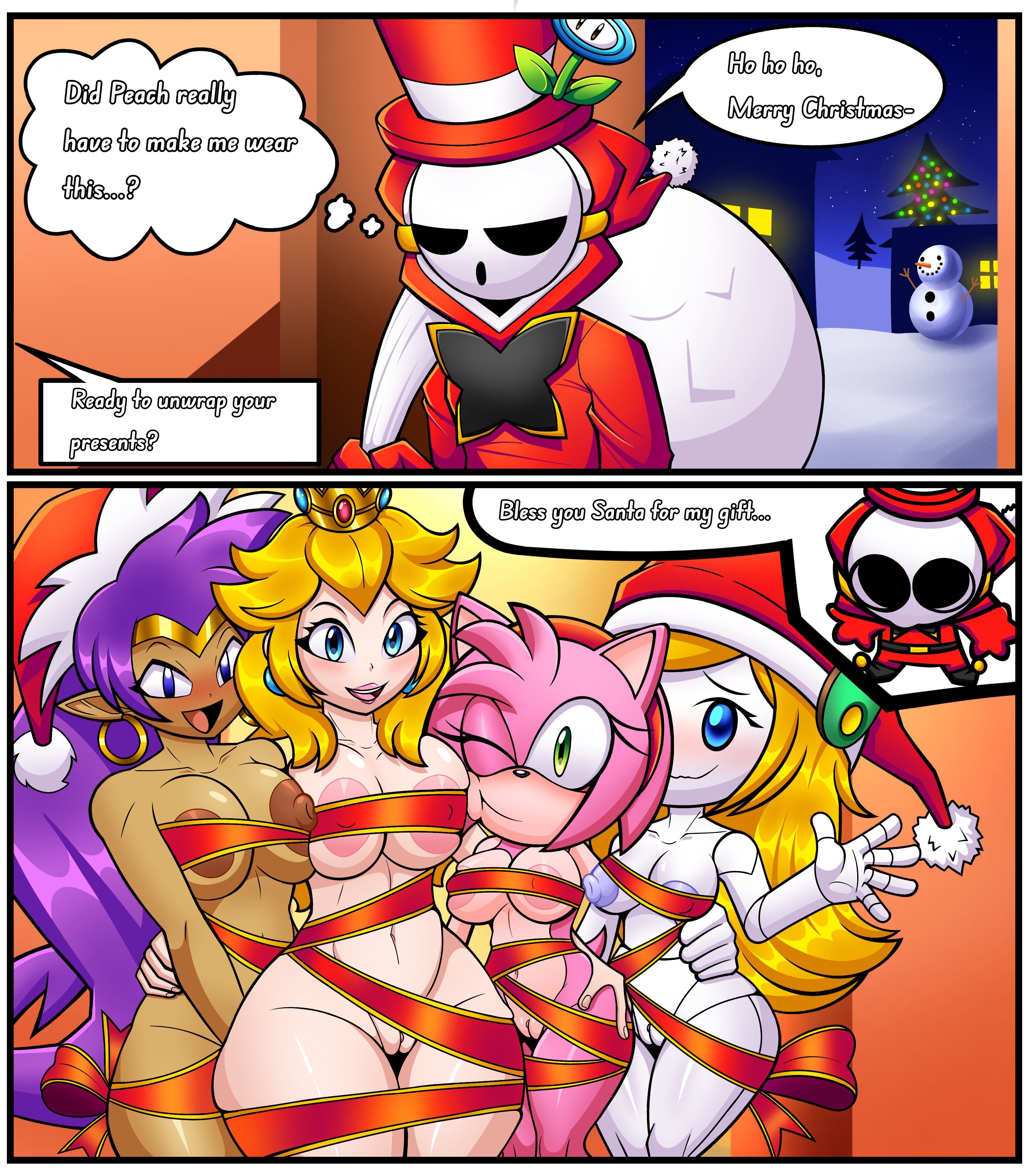 1boy, 4girls, amy rose, anti groove, big breasts, big thighs, blonde hair, blue eyes, cave story, christmas, comic, crown, curly brace, earrings, english, english text, green eyes, hedgehog, hedgehog girl, hedgehog humanoid, long hair, mario (series), nintendo, pink hair, ponytail, princess peach, purple hair, ribbon, ribbon bondage, robot, robot girl, robot humanoid, sega, shantae, shantae (character), shy guy, snow, snowman, sonic (series), sonic the hedgehog (series), super mario bros., wrapped, wrapped up