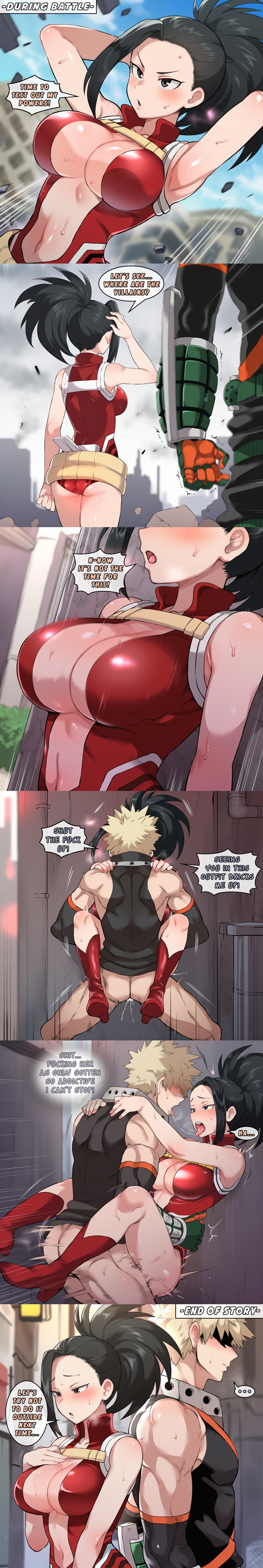 1boy1girl, ai generated, ass, ass crack, big breasts, black-haired female, blonde-haired male, bodily fluids, bottomless male, butt crack, clothed female, clothed sex, cum, cum explosion, cum in pussy, cum inside, cum splatter, curvy, curvy female, darklust, hero outfit (mha), katsuki bakugou, male/female, momo yaoyorozu, multiple images, muscular, muscular male, my hero academia, orgasm, outdoor sex, outdoors, penetration, penis in pussy, ponytail, saliva, saliva trail, semi public, sex, spiky hair, stand and carry position, standing, standing sex, story, straight, straight sex, tongue, tongue out, vaginal penetration, vaginal sex