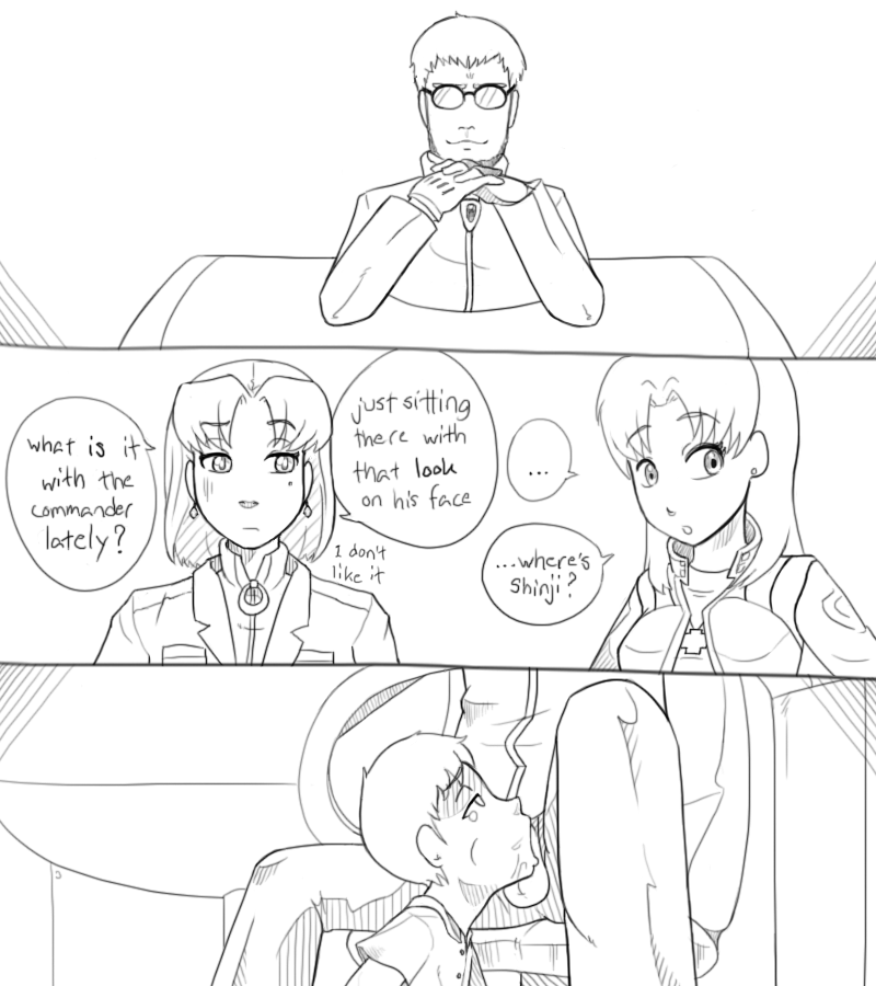 2boys, 2girls, clothing, comic, fellatio, female, gendo ikari, glasses, incest, male, male focus, male penetrated, malesub, misato katsuragi, mole, mole under eye, monochrome, neon genesis evangelion, nobody in particular, oral, penis, ritsuko akagi, shinji ikari, stealth sex, text, under the table, yaoi