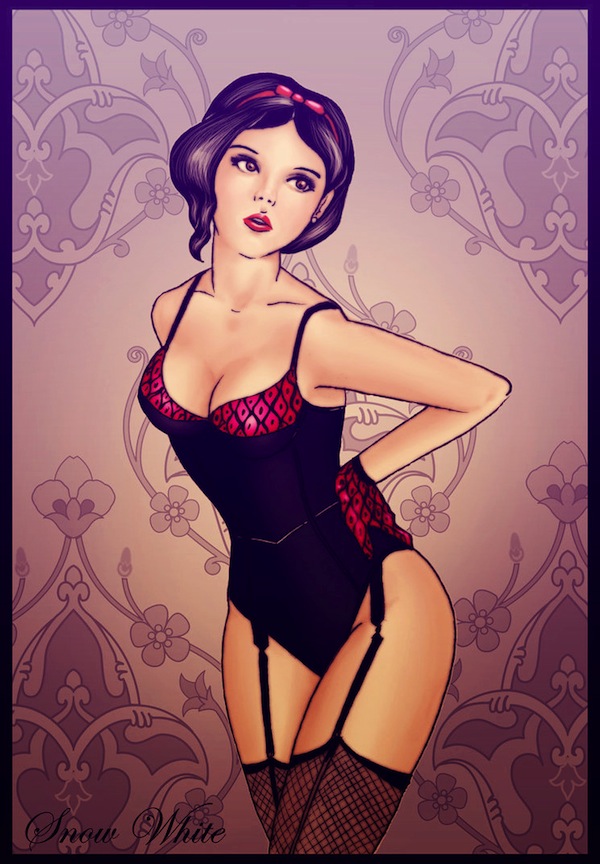1girls, artist request, black hair, bow, color, disney, disney princess, female, female only, gloves, hair ribbon, human, lingerie, lipstick, snow white (disney), snow white and the seven dwarfs (1937 film), solo, teenager