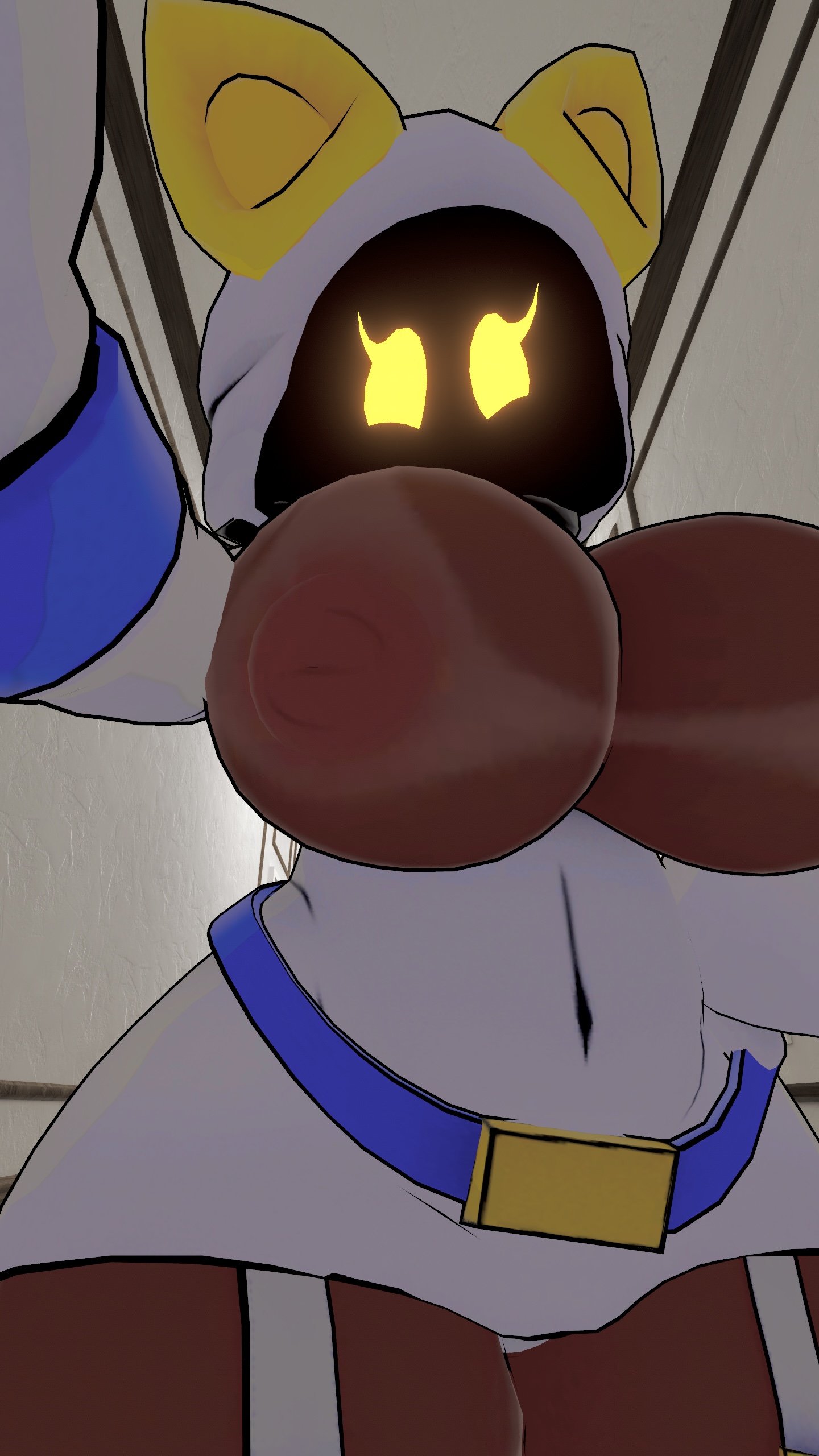 big breasts, bikini tan, blue hair, furry, furry female, mask removed, sabrean, short hair, shy gal, shygal (cryptiacurves), thick thighs, vrchat, vrchat avatar, vrchat model, white clothing, yellow eyes