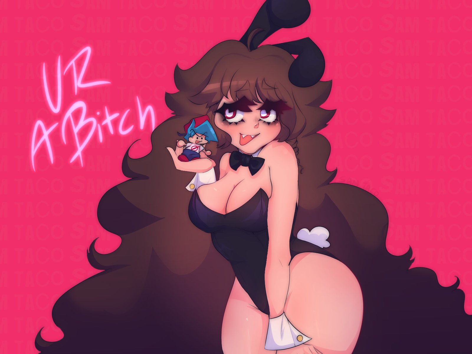 1girls, ass, boyfriend (friday night funkin), breasts, brown hair, bunny ears, bunny girl, bunnysuit, female, friday night funkin, girlfriend (friday night funkin), large breasts, long hair, size difference, solo, thick thighs