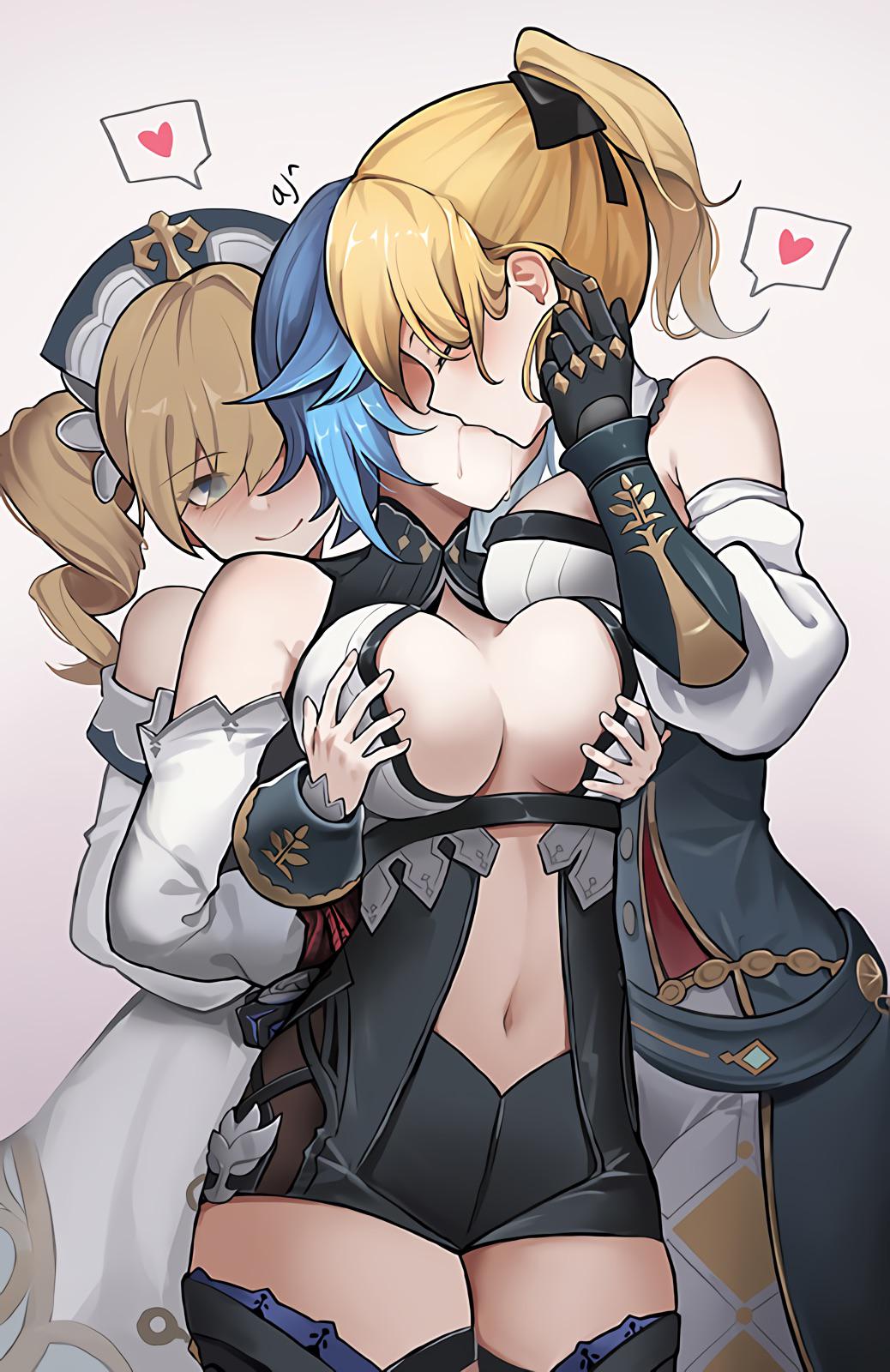 3girls, ark john up, barbara (genshin impact), black ribbon, blonde hair, blue eyes, blue hair, bondage, breast grab, breasts, closed eyes, closed mouth, eula (genshin impact), eyebrows visible through hair, female, female only, fff threesome, gauntlets, genshin impact, girls kissing, grabbing, grabbing from behind, group sex, hair ribbon, hat, heart, jean gunnhildr, kissing, large breasts, lesbian sex, looking at another, multiple females, multiple girls, navel, nun, pink background, ribbon, saliva, semi incest, shimaidon, short hair, simple background, sisters, smile, spoken heart, threesome, twintails, yuri