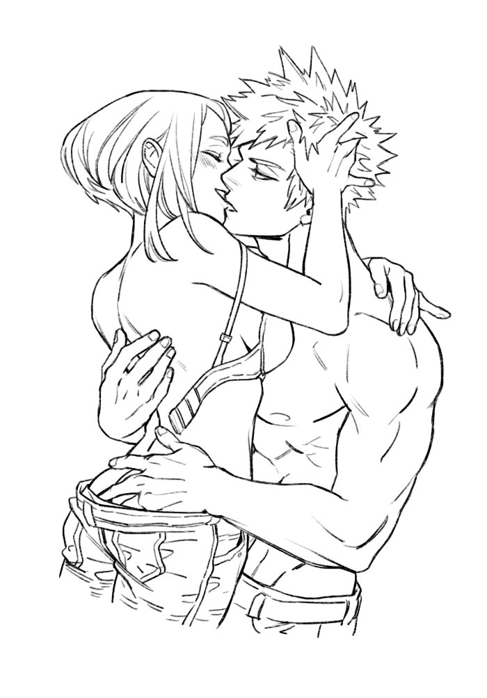 1boy 1boy1girl 1girls ass_grab biting_lip bra_slip embrace embracing female hand_around_neck hand_in_hair hand_in_pants hand_on_ass hand_on_head hand_under_clothes katsuki_bakugou kissing line_art lip_biting male male/female muscular muscular_male my_hero_academia ochako_uraraka removing_bra removing_pants sensual straight undressing