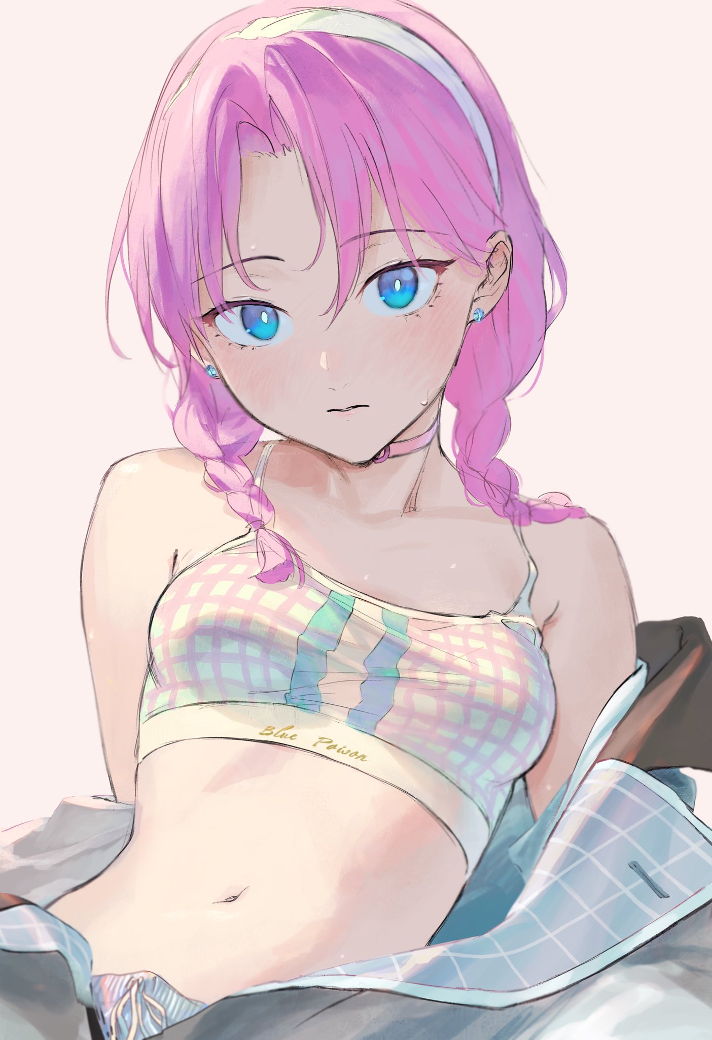1girls, arknights, bare arms, bare shoulders, blue eyes, blue poison (arknights), braid, breasts, breasts apart, choker, ear piercing, female, female only, highres, light skin, light-skinned female, looking at viewer, midriff, o-ring, off shoulder, open clothes, open jacket, pale skin, pale-skinned female, piercing, pink hair, small breasts, solo, sports bra, stomach, sweat, tentsuu (tentwo), twin braids, twintails, upper body