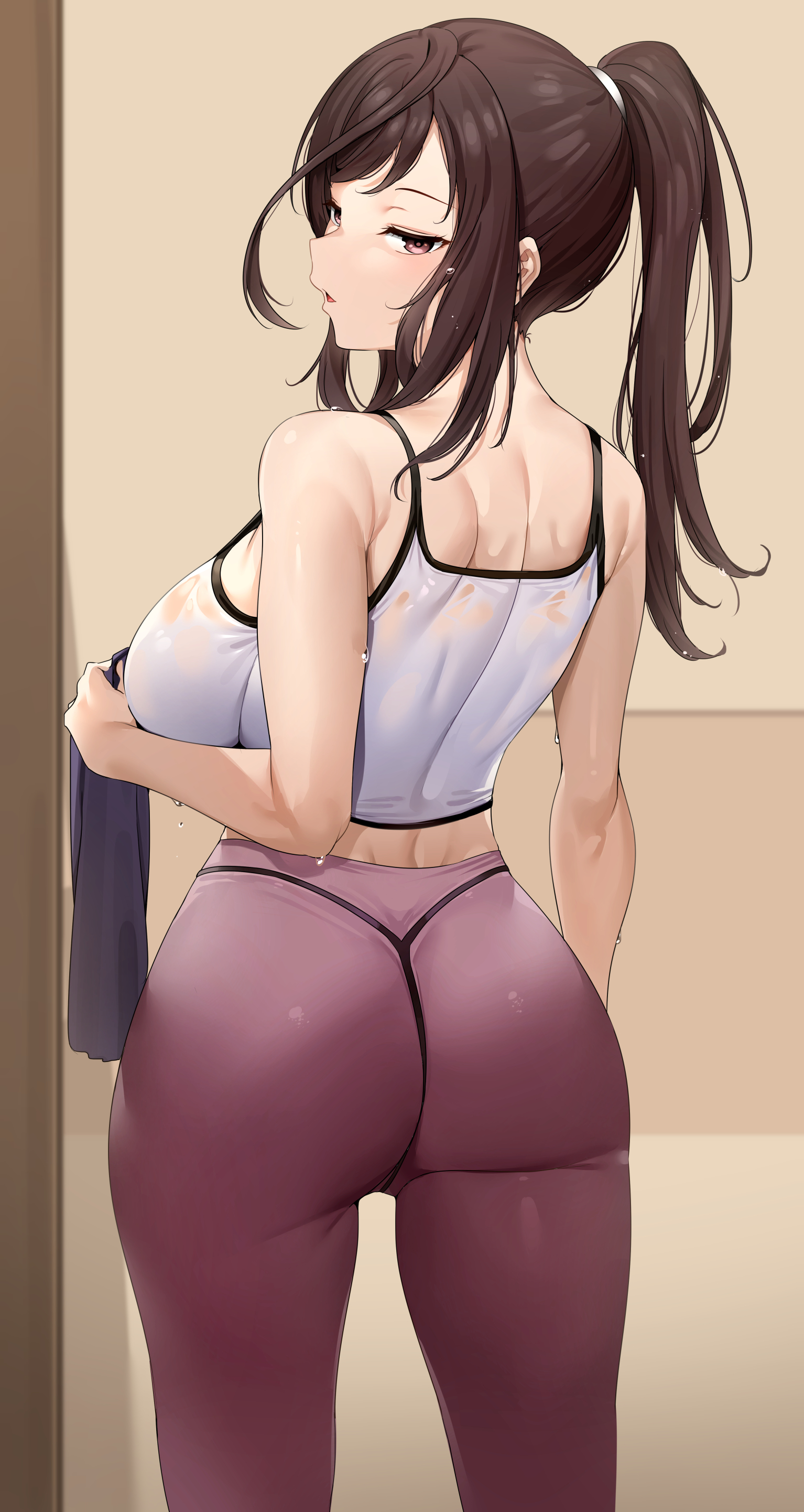 1girls, ass, back, bangs, bare shoulders, big breasts, blunt bangs, breasts, brown eyes, brown hair, crop top, feet out of frame, female, female only, from behind, hi res, high resolution, highres, holding, holding towel, idolmaster, idolmaster shiny colors, large breasts, light skin, light-skinned female, looking at viewer, looking back, medium hair, open mouth, pants, ponytail, seductive, shiny, sidelocks, skindentation, solo, solo female, sweat, tem10, thin waist, thong, tied hair, towel, tsukioka kogane, wet, wet clothes, wide hips, yoga pants
