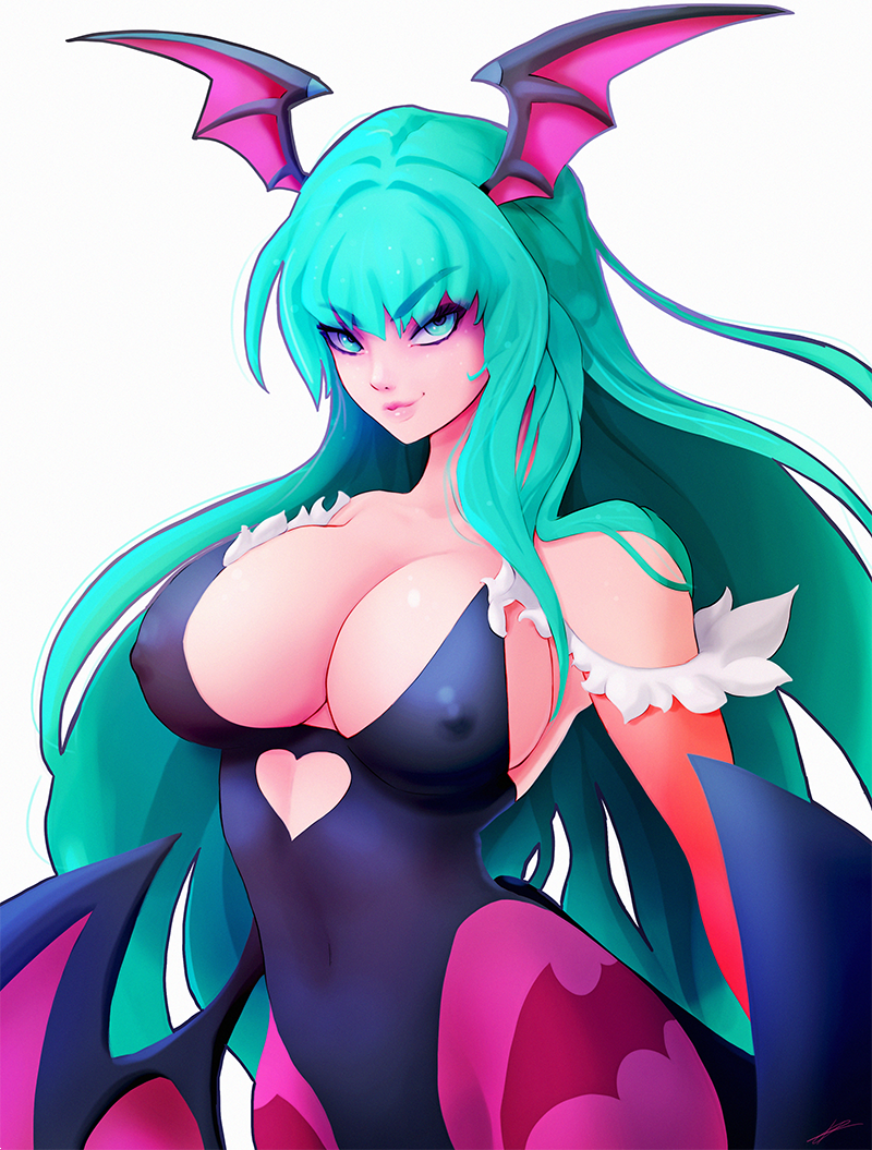 1girls big_breasts breasts capcom cleavage clothed clothing darkstalkers digital_drawing_(artwork) erect_nipples erect_nipples_under_clothes female female_only green_eyes hips hotpinkevilbunny large_breasts looking_at_viewer morrigan_aensland nipple_bulge nipples pinup seductive seductive_eyes seductive_look seductive_smile simple_background solo solo_female succubus thick thick_thighs thighs tight_clothing voluptuous white_background wide_hips wings