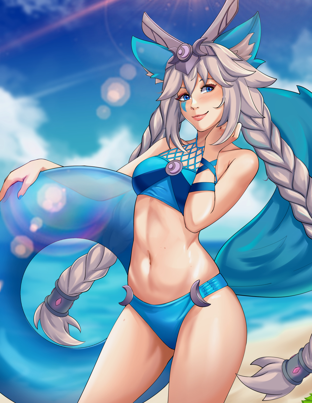 1girls animal_ears animal_tail arm_ribbon beach belly belly_button bikini bikini_bottom bikini_top blue_bikini blue_bikini_bottom blue_bikini_top blue_eyes blue_fur blue_panties blue_tail blush braid braided_hair braided_twintails cawfield cheek_markings closed_mouth clouds eyebrows female female_focus female_only female_solo fishnet_top floater flustered fox_ears fox_tail fur hair hair_between_eyes hair_ornament hand_on_face hand_on_own_face holding_object io_(paladins) jewelry lips long_hair looking_away moon_(ornament) nail_polish navel ocean paladins ribbon shiny_skin silver_hair sky small_breasts solo sunlight tail thighs tiara twintails very_long_hair water