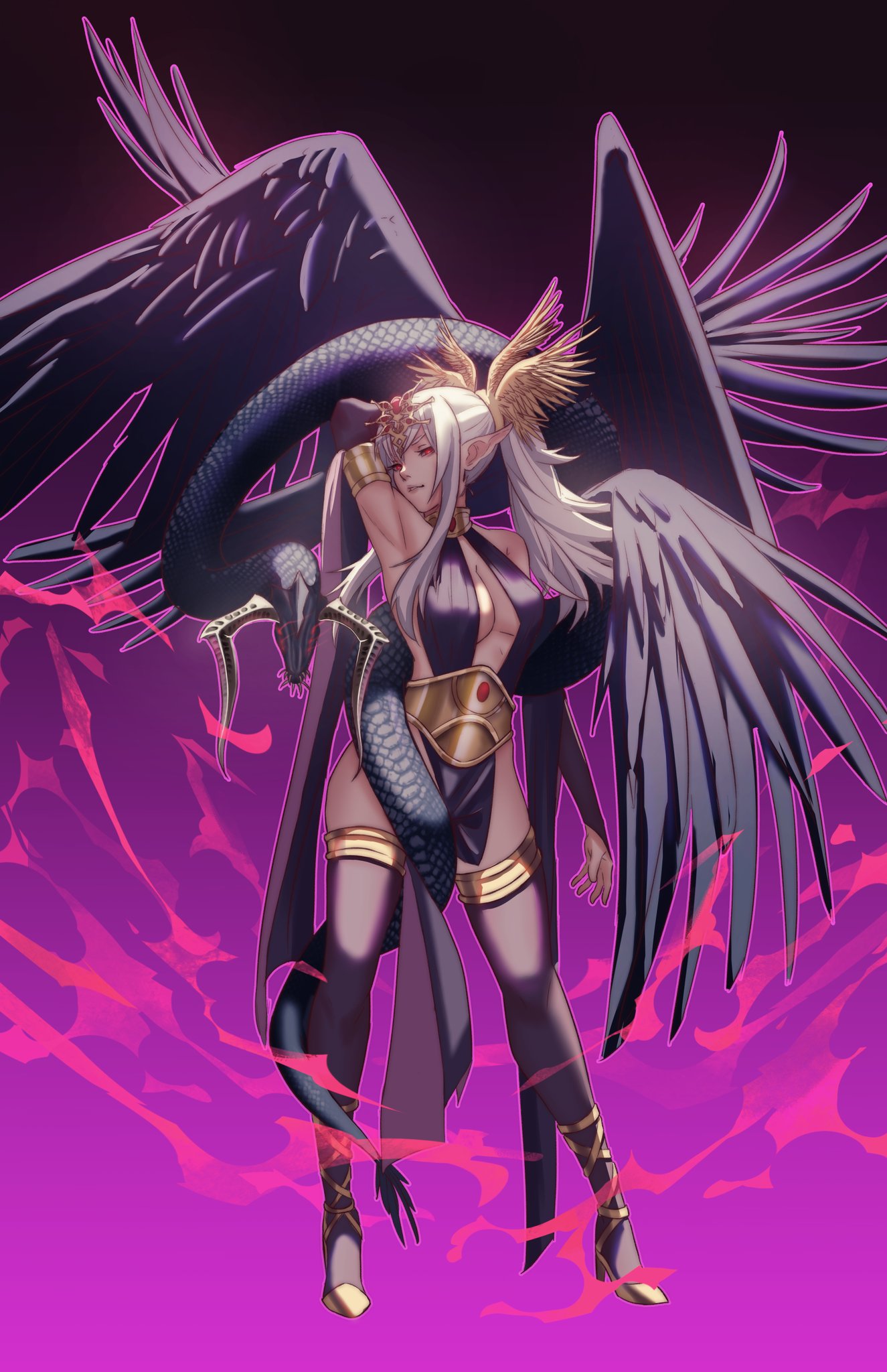 1girls, alternate color, alternate hair color, arm behind head, armpits, bare thighs, big breasts, brand of the defile, breasts, eyes of grima, female, female only, fire emblem, fire emblem awakening, grey hair, grima (fire emblem), high heels, long hair, long sleeves, looking at viewer, nintendo, pelvic curtain, pointy ears, pomelomelon, ponytail, red eyes, sideboob, solo, tiki (fire emblem), tiki (fire emblem) (adult)
